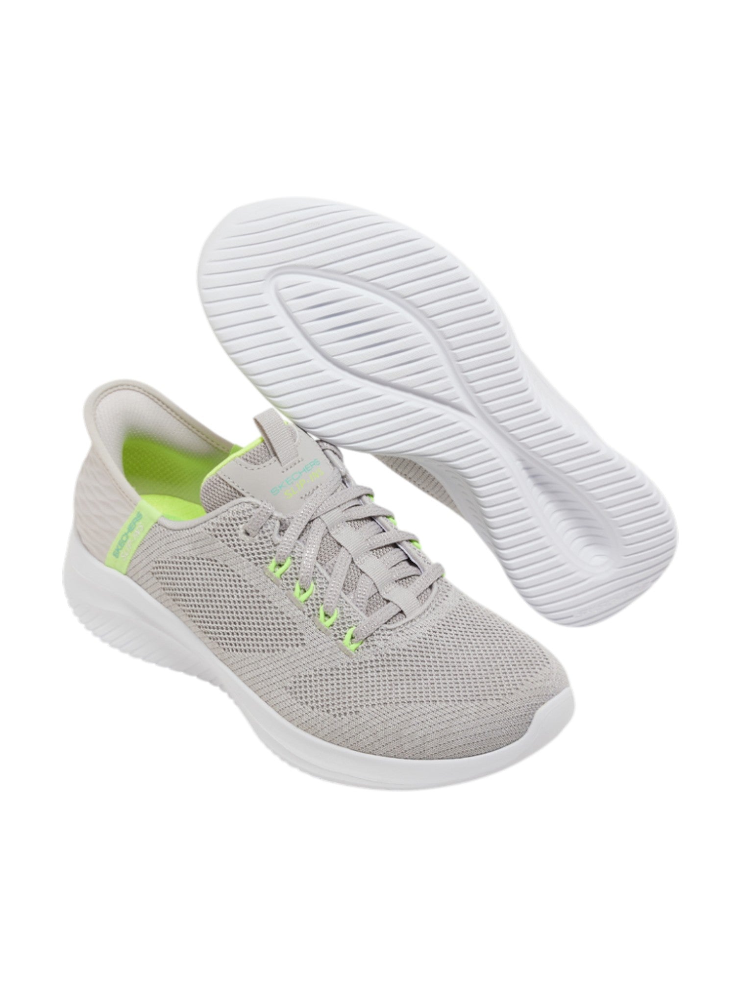 Gray athletic shoe with white sole on a white background. Skechers, Monza Outlet, Monza Fashion, Shein Outlet