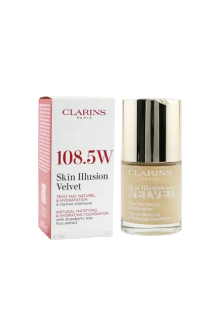 Clarins Skin Illusion Velvet foundation bottle and packaging on a white background monza outlet, Shein outlet, monza fashion