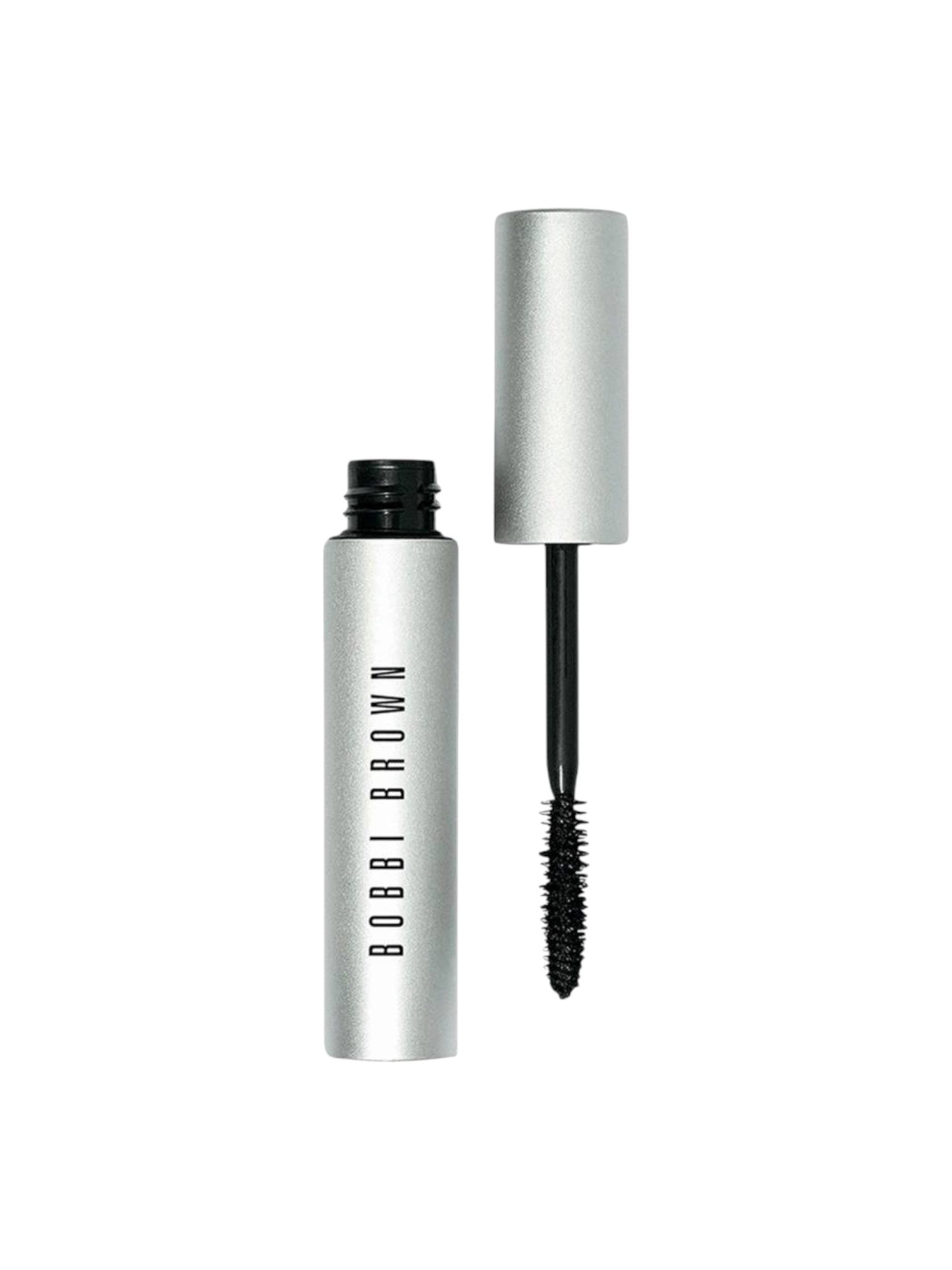 Bobbi Brown mascara with silver tube and black wand on a white background monza outlet, Shein outlet, monza fashion