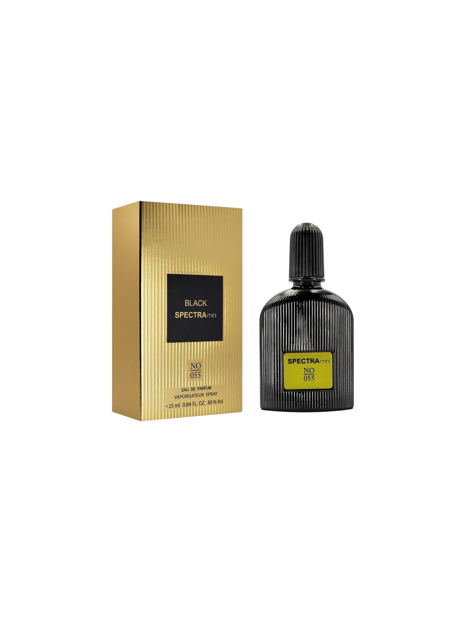 Spectra Black perfume bottle and packaging on a white background. Spectra Mini, Monza Outlet, Monza Fashion, Shein Outlet