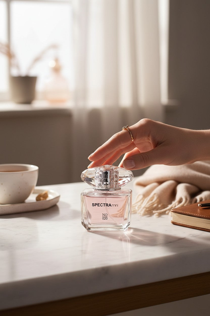 Hand holding a Spectra perfume bottle on a table with a cup and blanket in the background. Spectra Mini, Monza Outlet, Monza Fashion, Shein Outlet