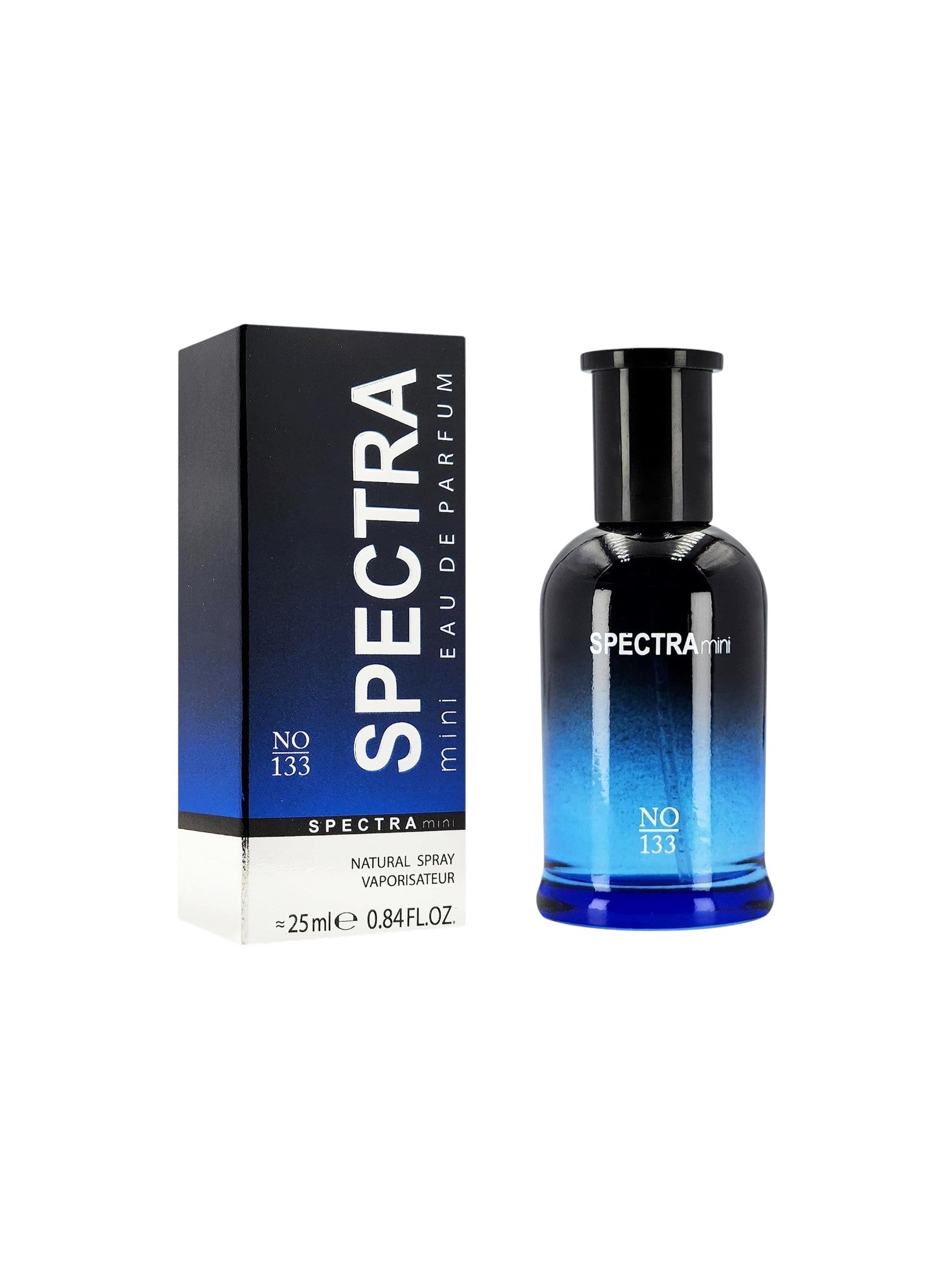 Spectra Mini Eau de Parfum 25ml bottle next to its black and blue packaging box, featuring a blue gradient design and white lettering. Spectra Mini, Monza Outlet, Monza Fashion, Shein Outlet