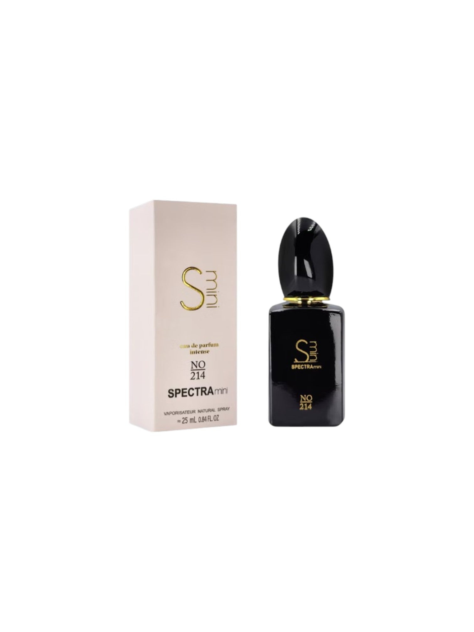Black perfume bottle with gold cap and Spectra branding next to its packaging on a white background. Spectra Mini, Monza Outlet, Monza Fashion, Shein Outlet