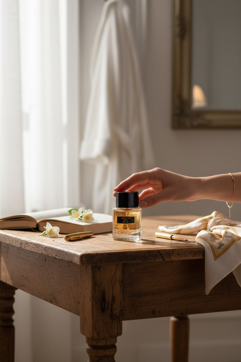 Hand reaching for a perfume bottle on a wooden table with a soft, blurred background. Spectra Mini, Monza Outlet, Monza Fashion, Shein Outlet
