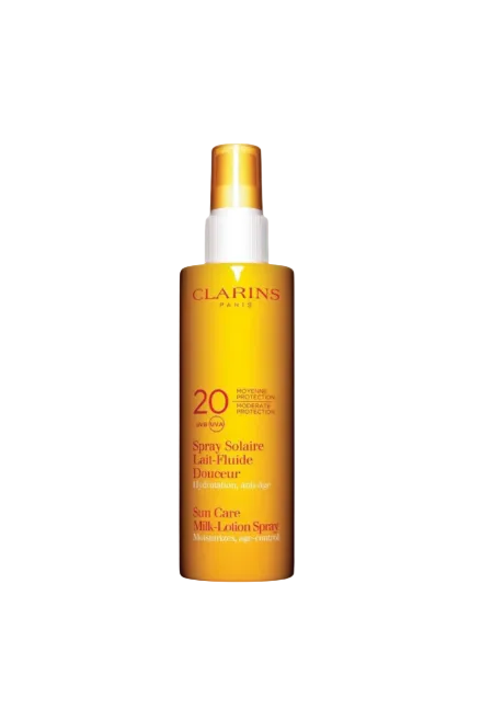 Clarins sun care milk-lotion spray bottle on a white background. Clarins, Monza Outlet, Monza Fashion, Shein Outlet