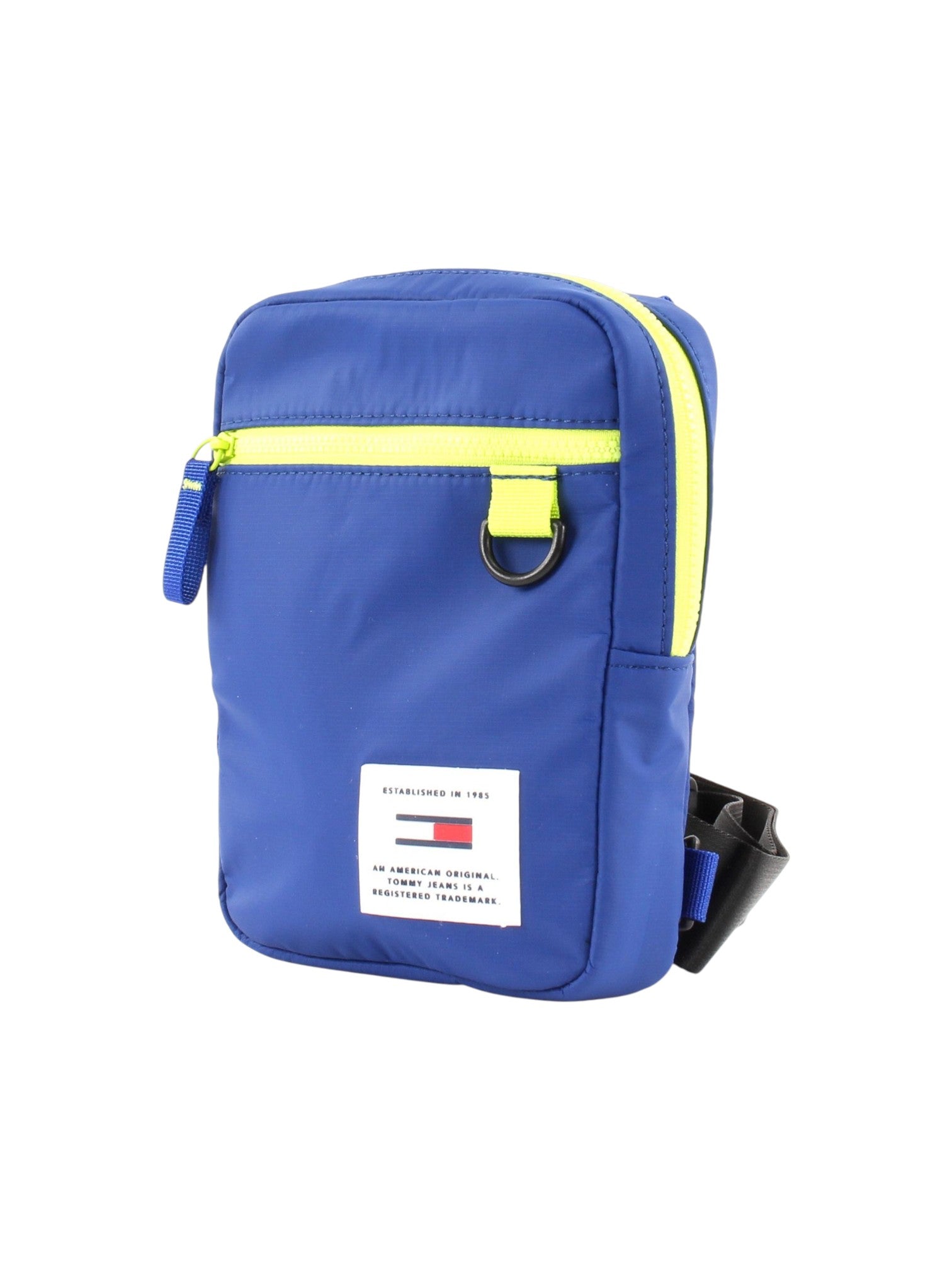 Blue crossbody bag with yellow accents on a white background. Tommy Hilfiger, Monza Outlet, Monza Fashion, Shein Outlet
