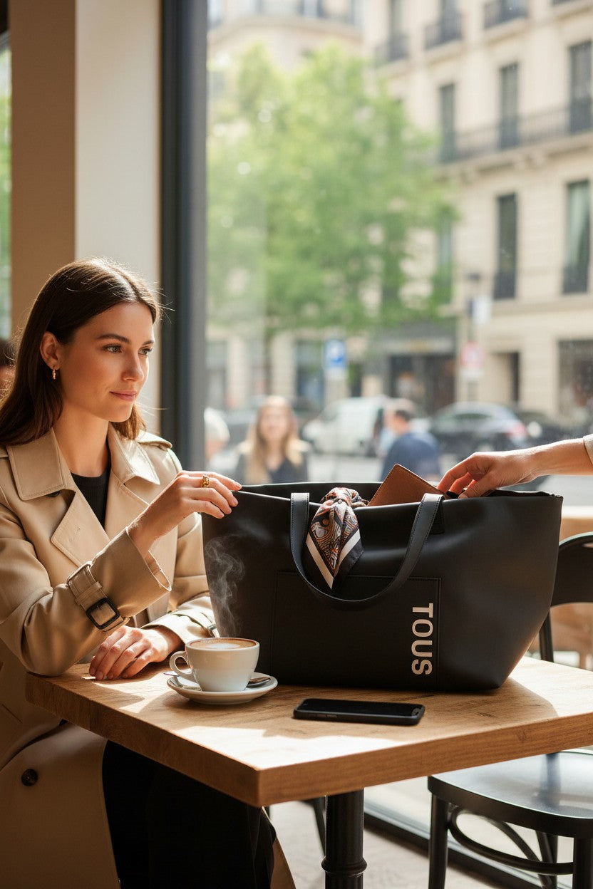 Woman sitting at a cafe table with a black handbag and a cup of coffee. Tous, Monza Outlet, Monza Fashion, Shein Outlet 