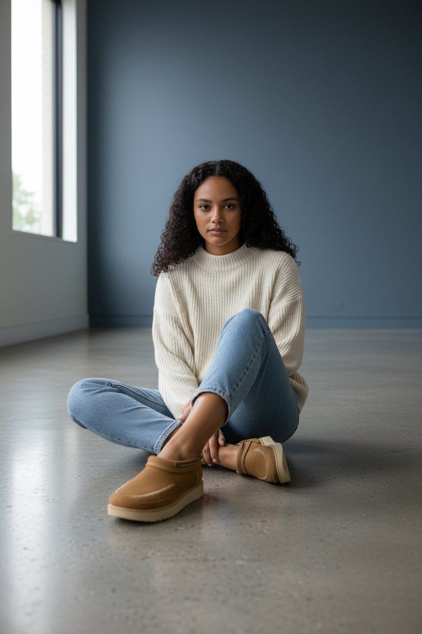 Woman sitting on the floor wearing beige shoes in a minimalistic room. UGG, Monza Outlet, Monza Fashion, Shein Outlet