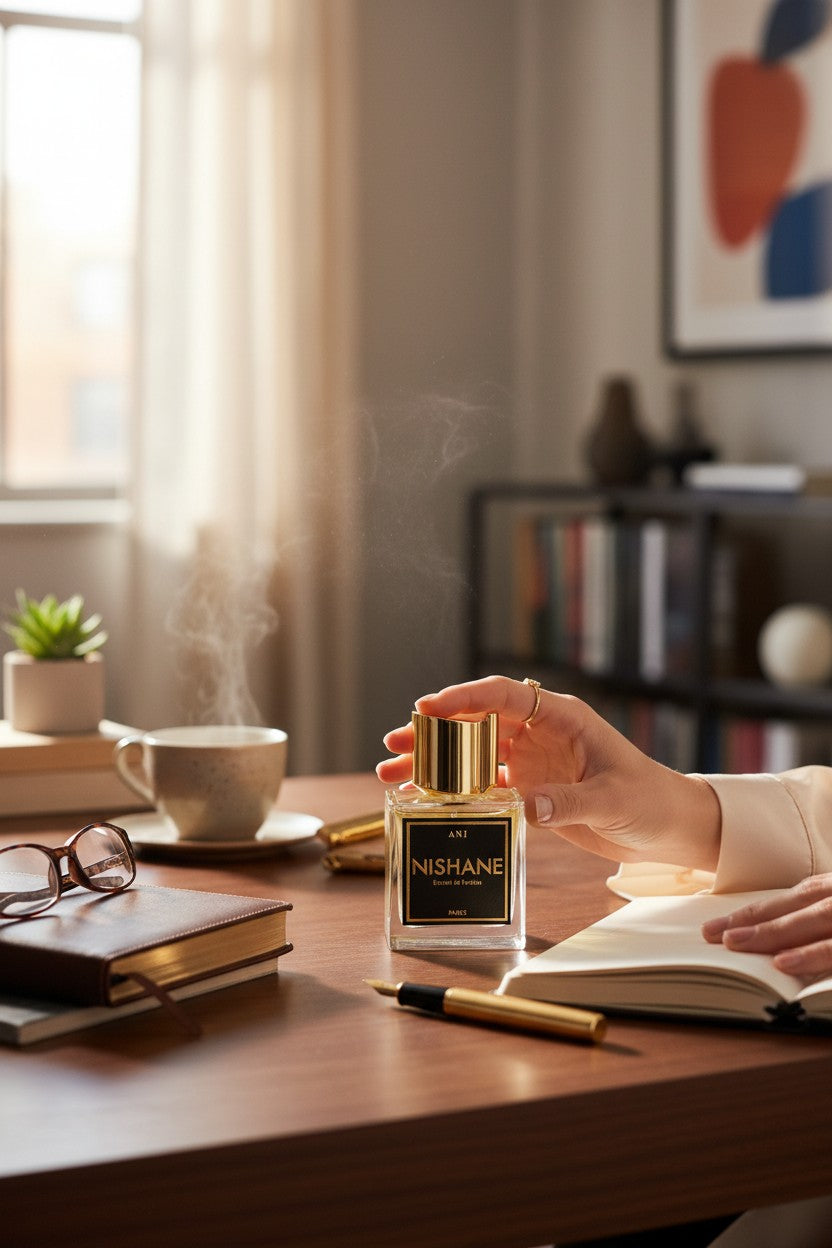 Person holding a Nishane perfume bottle on a desk with books, a cup, and glasses. Nishane, Monza Outlet, Monza Fashion, Shein Outlet