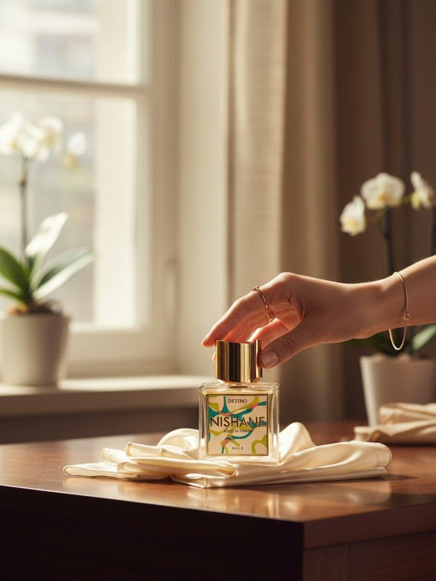 Hand holding a Nishka product on a table with a blurred indoor background. Nishane, Monza Outlet, Monza Fashion, Shein Outlet