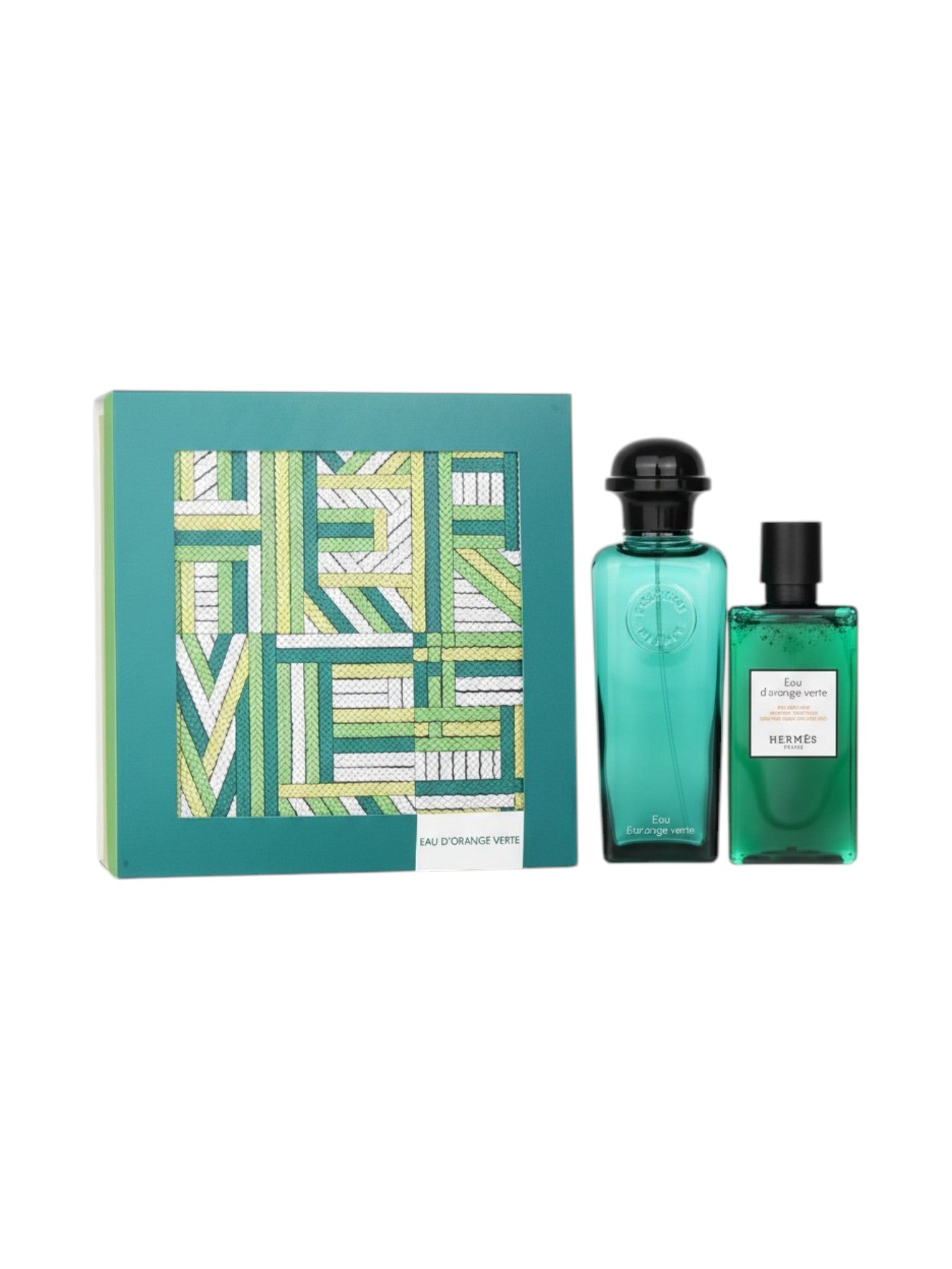 Two green perfume bottles with a decorative box on a white background. Hermès, Monza Outlet, Monza Fashion, Shein Outlet