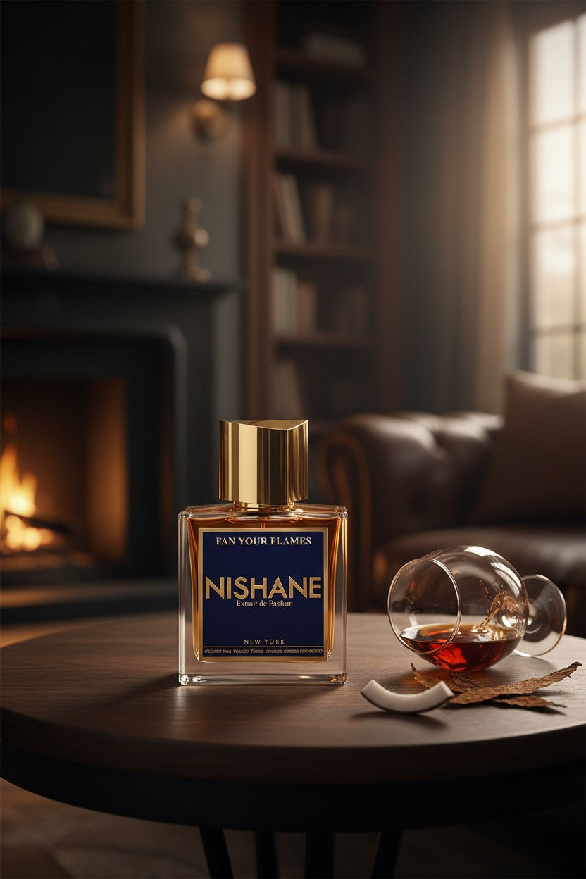 Nishane perfume bottle on a table with a cozy indoor setting. Nishane, Monza Outlet, Monza Fashion, Shein Outlet