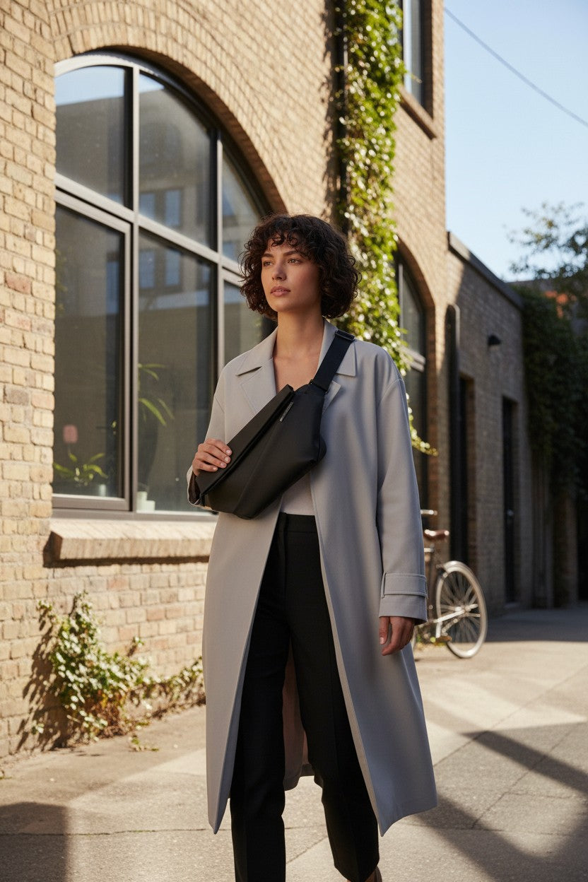 Woman in a long coat holding a black bag on a street with brick buildings. Urbanature, Monza Outlet, Monza Fashion, Shein Outlet