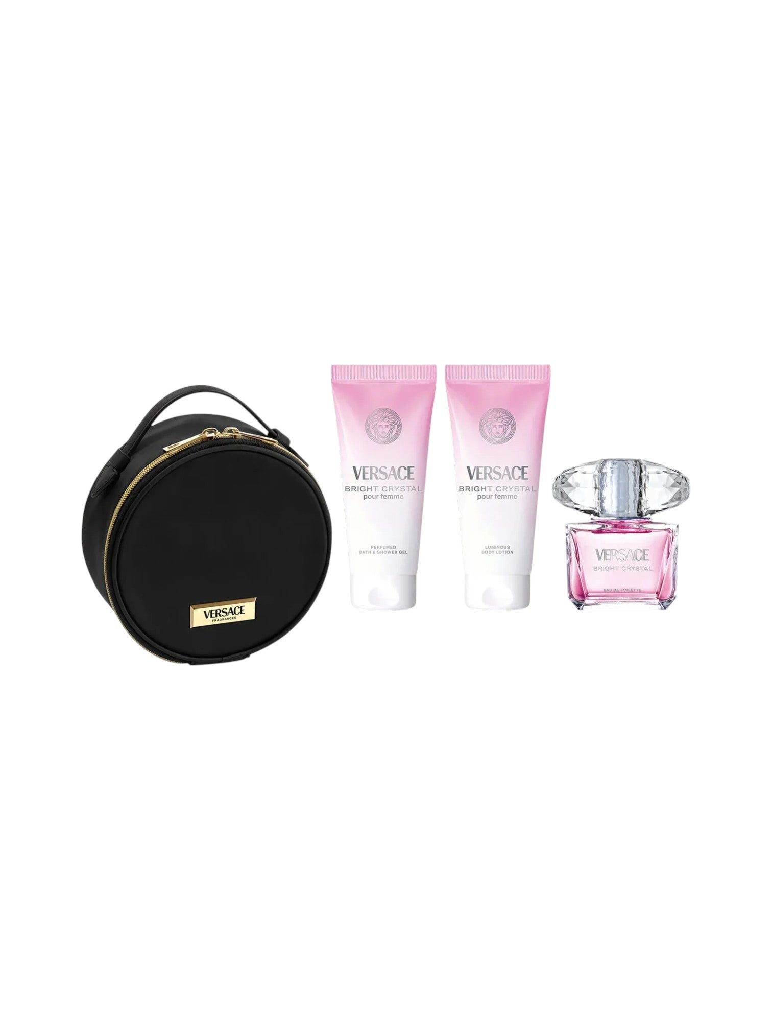 Versace perfume set with black round case, two bottles, and a small bottle on a white background. Versace, Monza Outlet, Monza Fashion, Shein Outlet