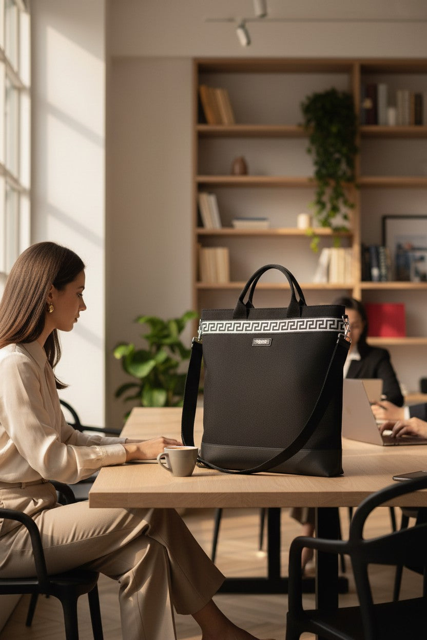 Woman sitting at a desk with a black handbag on the table in a modern office setting. Versace, Monza Outlet, Monza Fashion, Shein Outlet