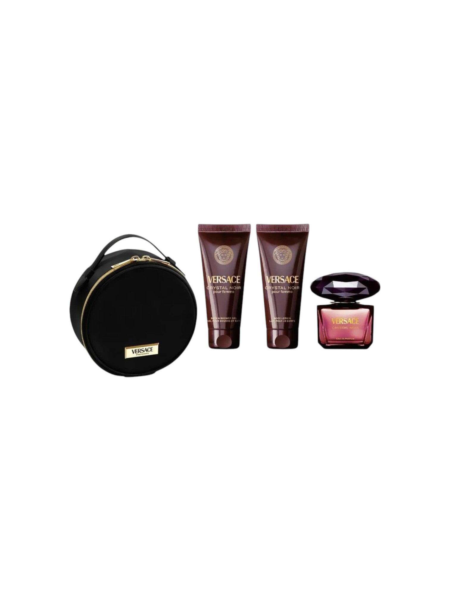 Versace beauty product set with a black round pouch on a white background. Versace, Monza Outlet, Monza Fashion, Shein Outlet