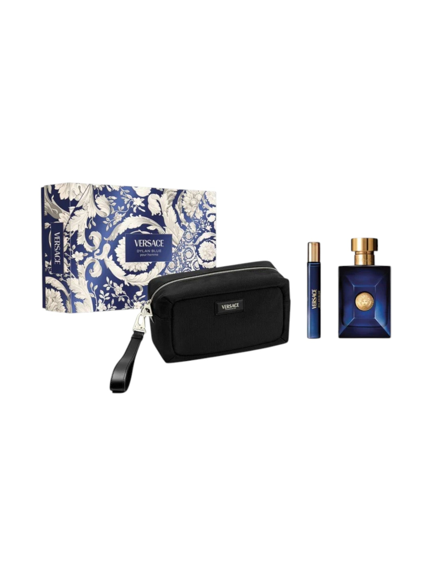 Versace perfume set with black pouch, blue and white patterned box, and two bottles on a white background. Versace, Monza Outlet, Monza Fashion, Shein Outlet