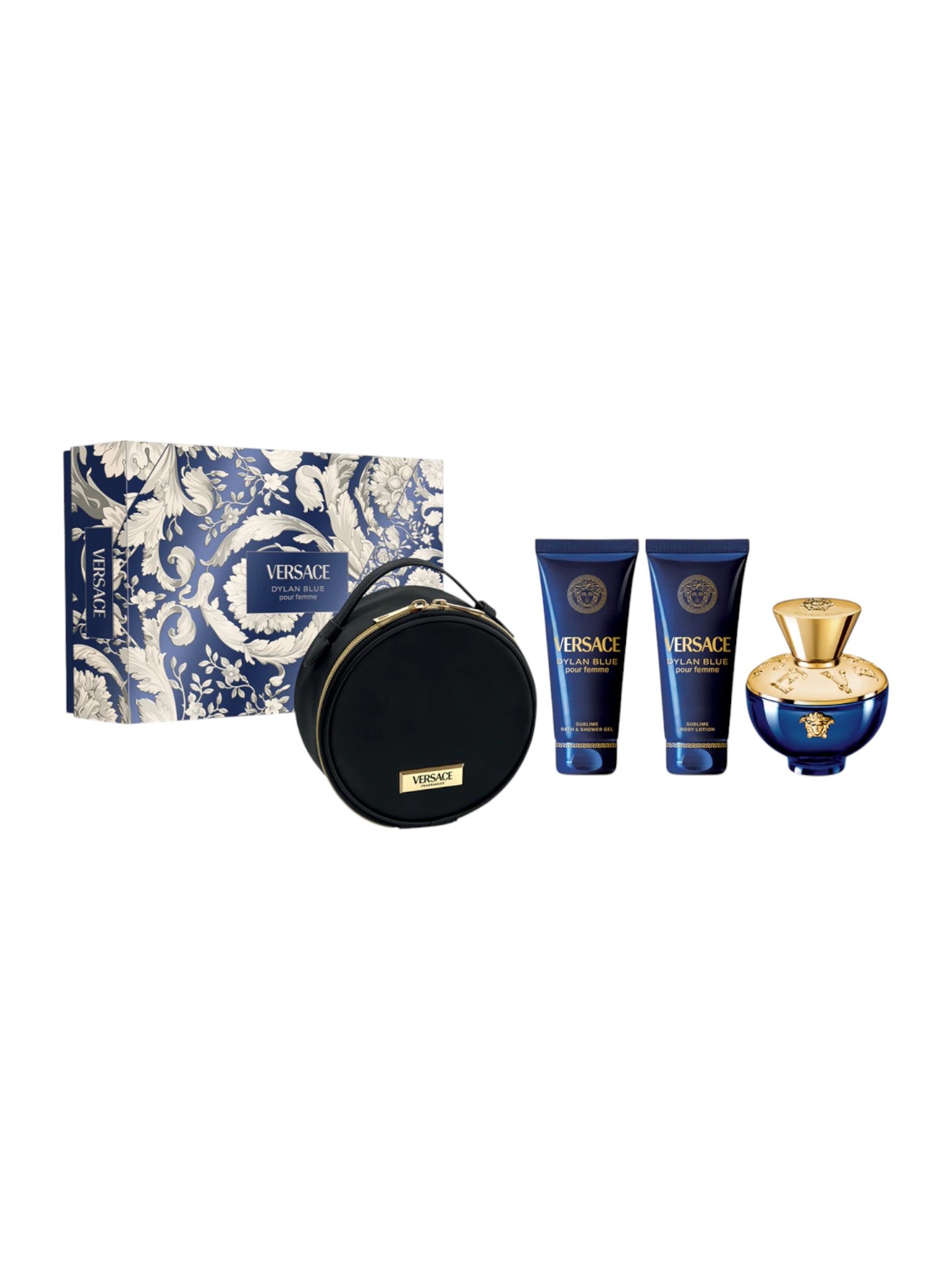 Versace perfume set with bottle, bag, and two bottles on a white background. Versace, Monza Outlet, Monza Fashion, Shein Outlet