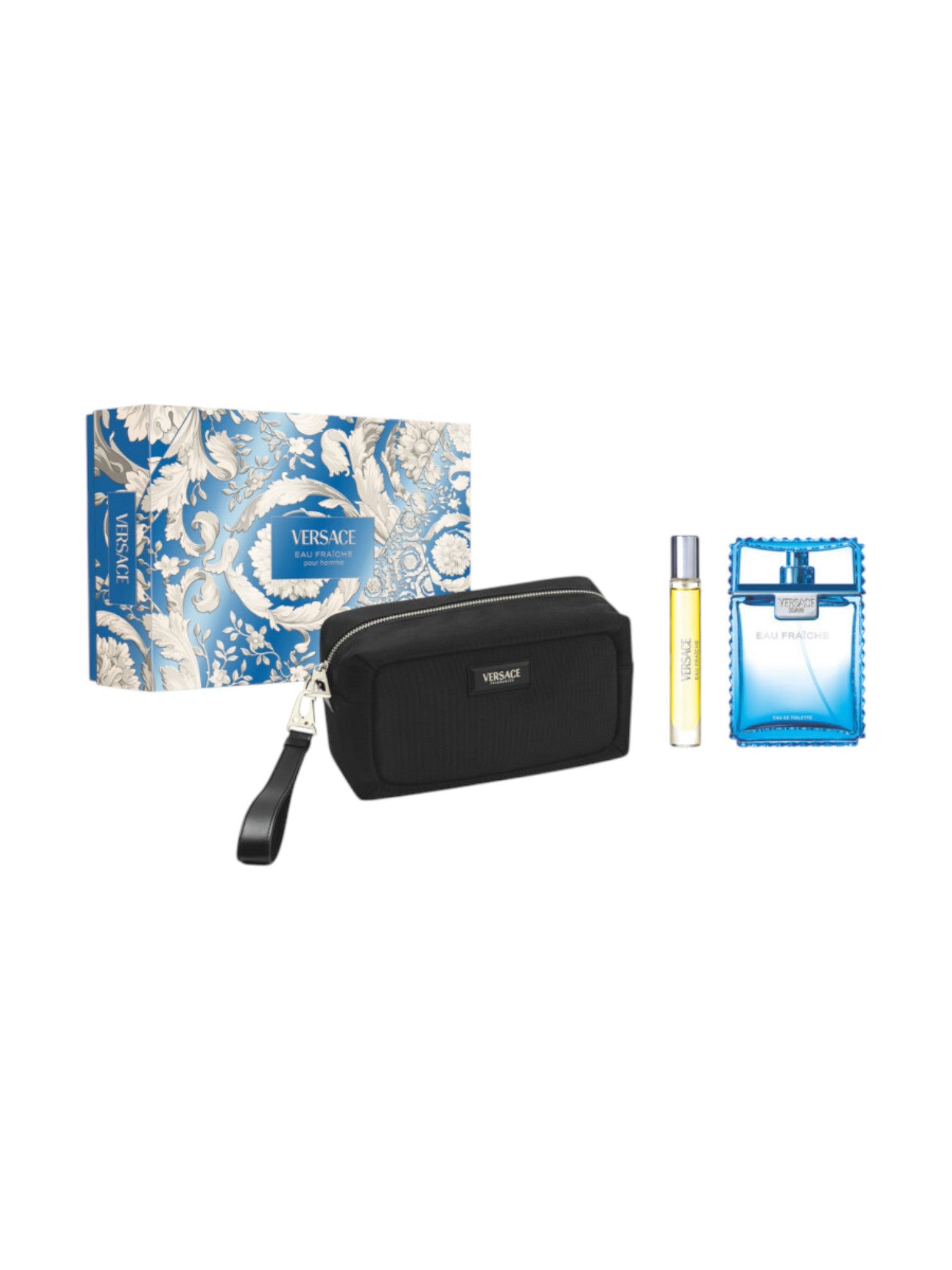 Versace men's grooming set with black toiletry bag, blue bottle, and smaller container on a white background. Versace, Monza Outlet, Monza Fashion, Shein Outlet