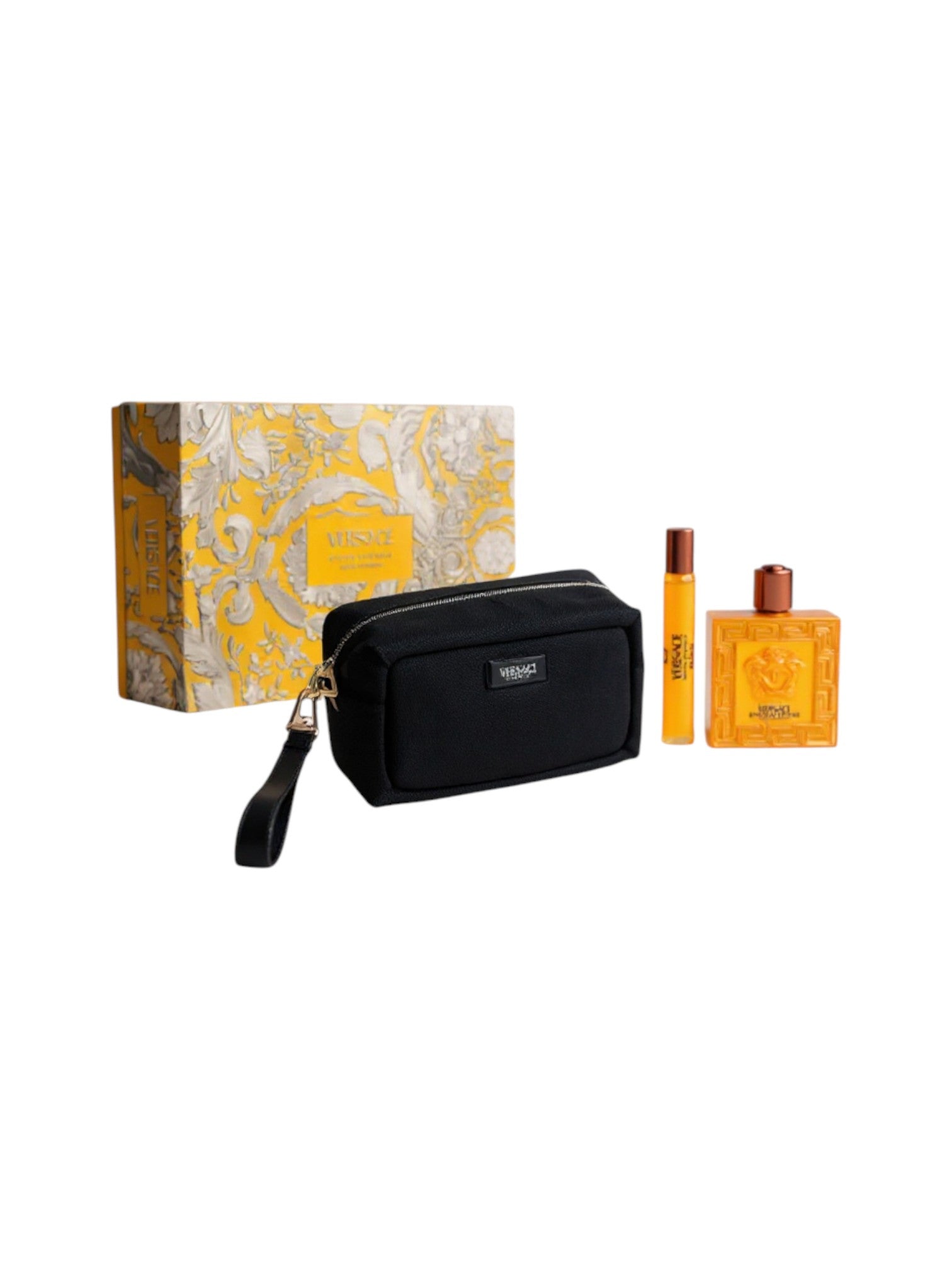 Set with black pouch, two bottles, and a decorative box on a white background. Versace, Monza Outlet, Monza Fashion, Shein Outlet
