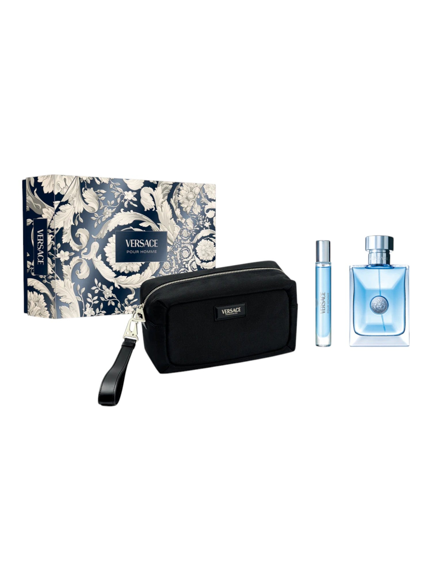 Versace men's grooming set with black toiletry bag, large box, and two smaller bottles on a white background. Versace, Monza Outlet, Monza Fashion, Shein Outlet