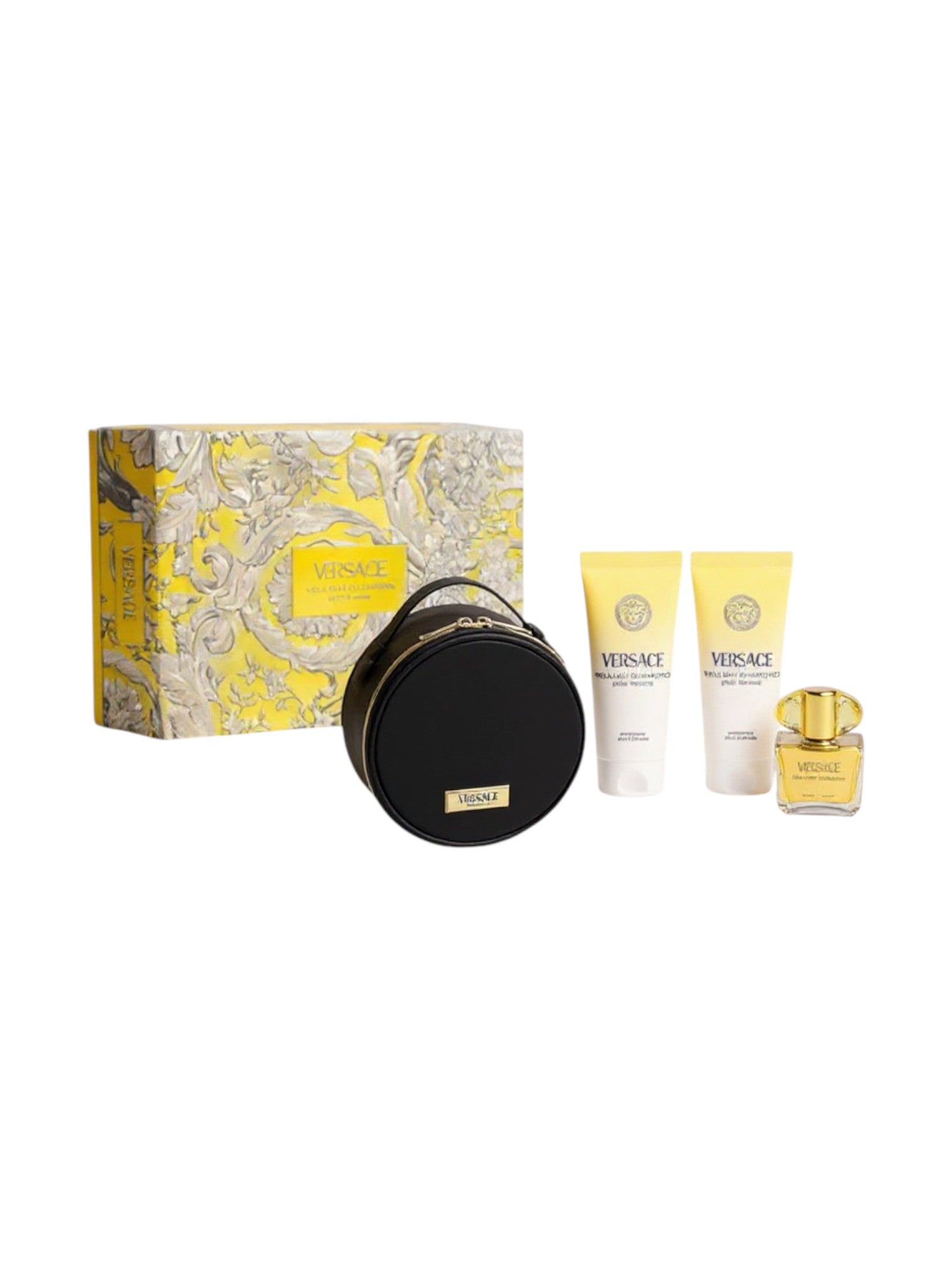 Versace perfume set with a decorative box on a white background. Versace, Monza Outlet, Monza Fashion, Shein Outlet