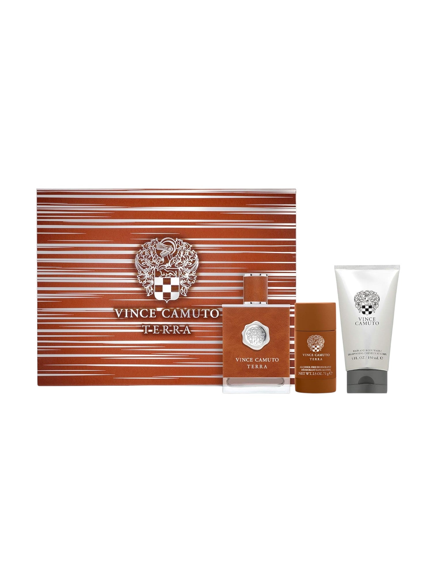 Vince Camuto Terra fragrance set with striped box on a white background. Vince Camuto Terra, Monza Outlet, Monza Fashion, Shein Outlet