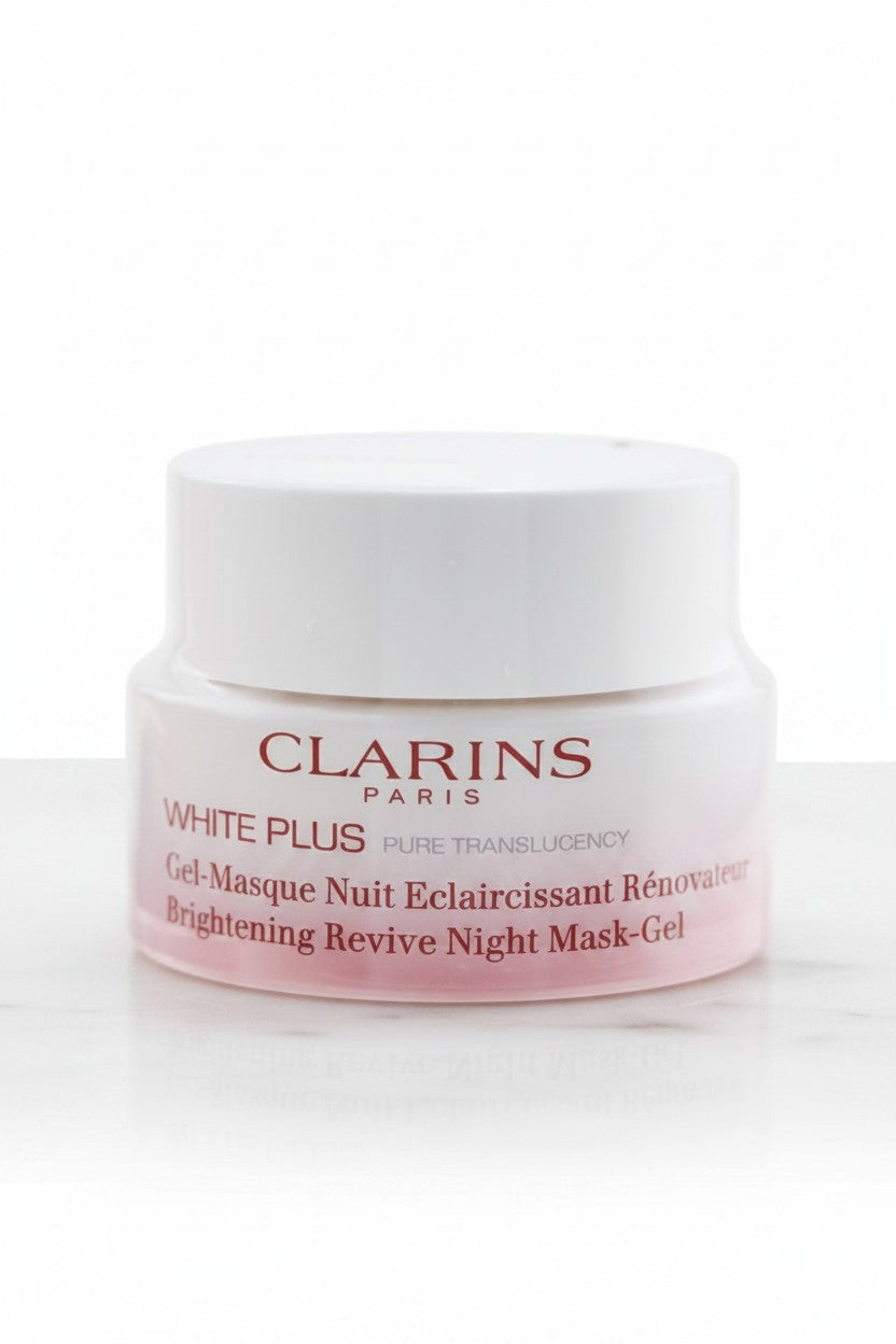Clarins White Plus night mask jar on a white background. Clarins, Monza Outlet, Monza Fashion, Shein Outlet