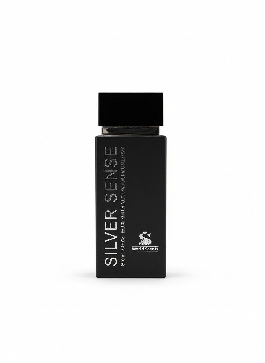Black perfume bottle labeled 'Silver Sense' on a white background. World Scents, Monza Outlet, Monza Fashion, Shein Outlet 