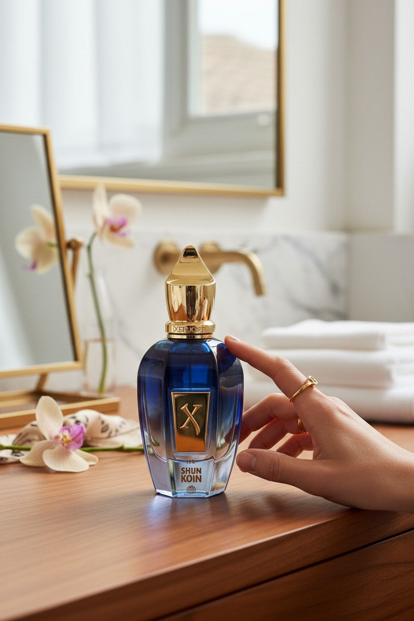 Blue perfume bottle with gold cap on a wooden surface, hand holding it, blurred background. Xerjoff, Monza Outlet, Monza Fashion, Shein Outlet