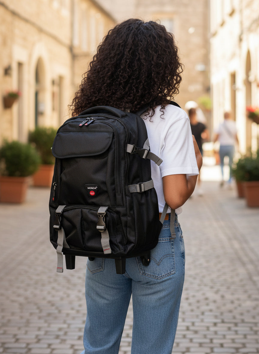 Person with a black backpack walking down a street. Monza Italy, Monza Outlet, Monza Fashion, Shein Outlet