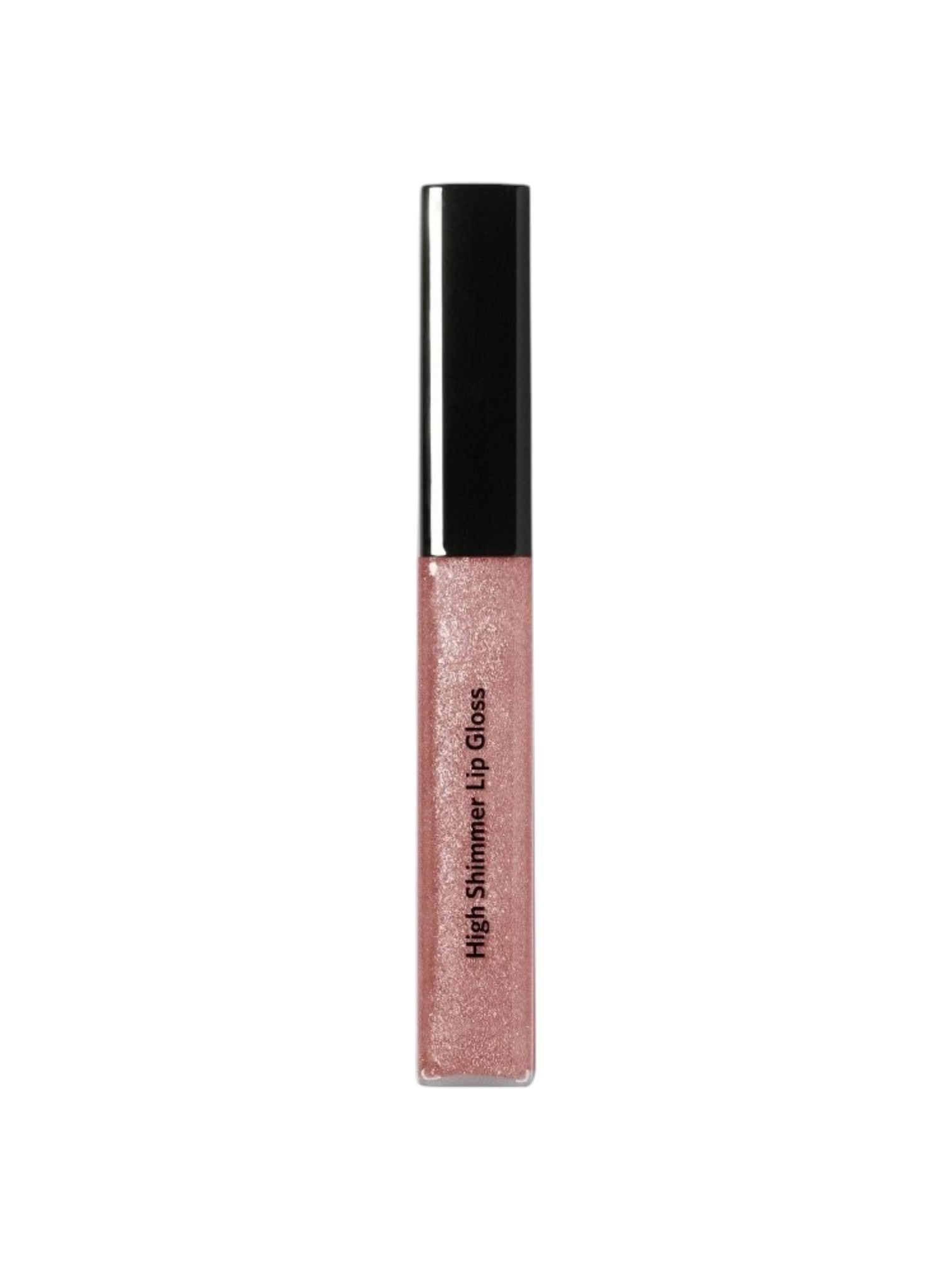 A tube of high shimmer lip gloss with a black cap, showing a sparkling pink rose shimmer gloss inside, on a plain white background. Bobbi Brown, Monza Outlet, Monza Fashion, Shein Outlet