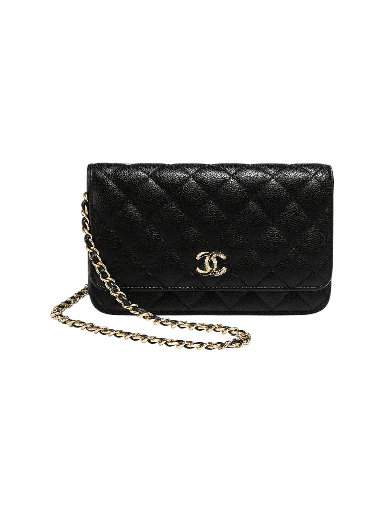 Black quilted handbag with gold chain and Chanel logo on a white background