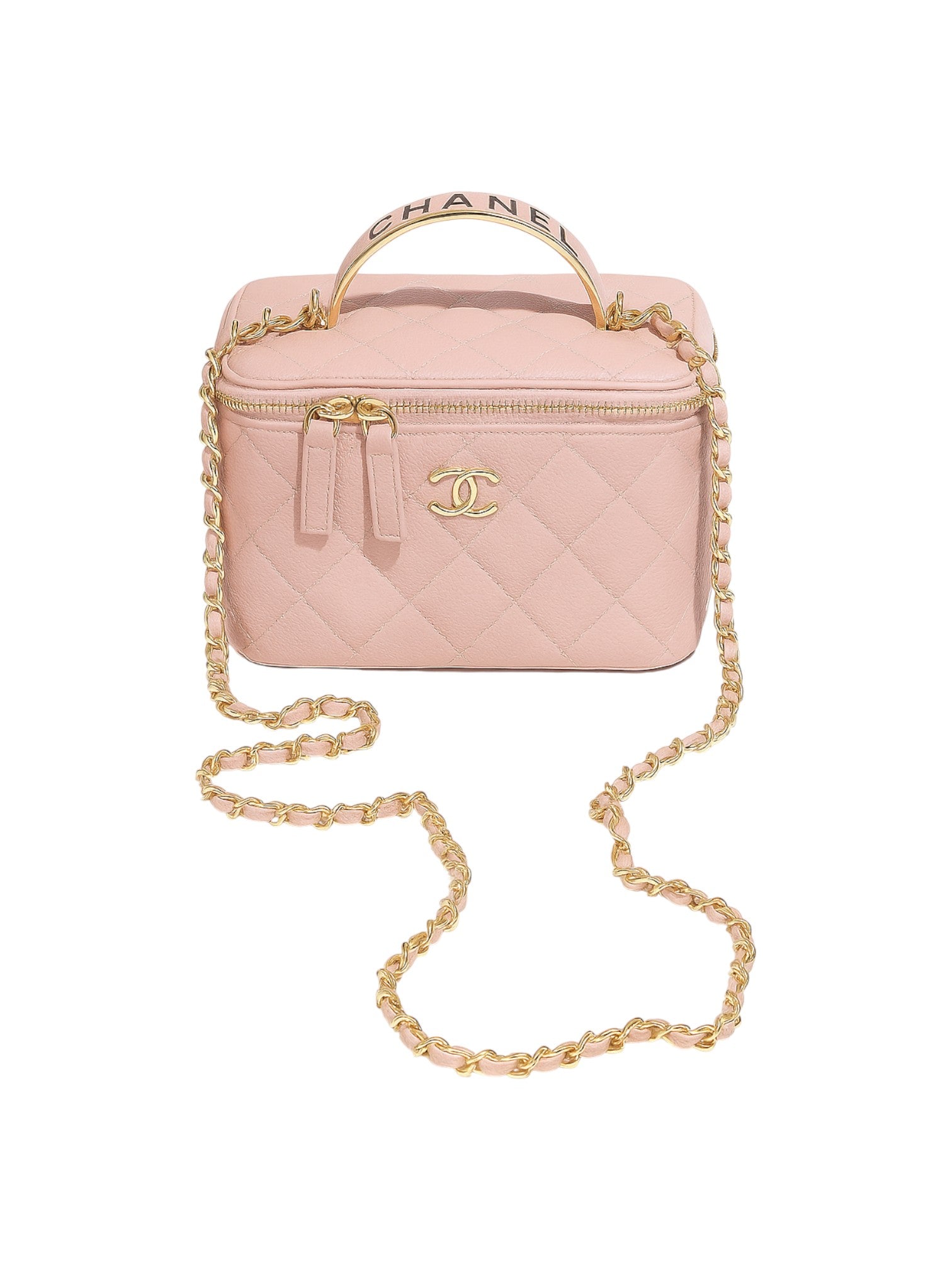 Pink quilted handbag with gold chain and handle on a white background, Chanel, Monza Outlet, Monza Fashion, Shein Outlet