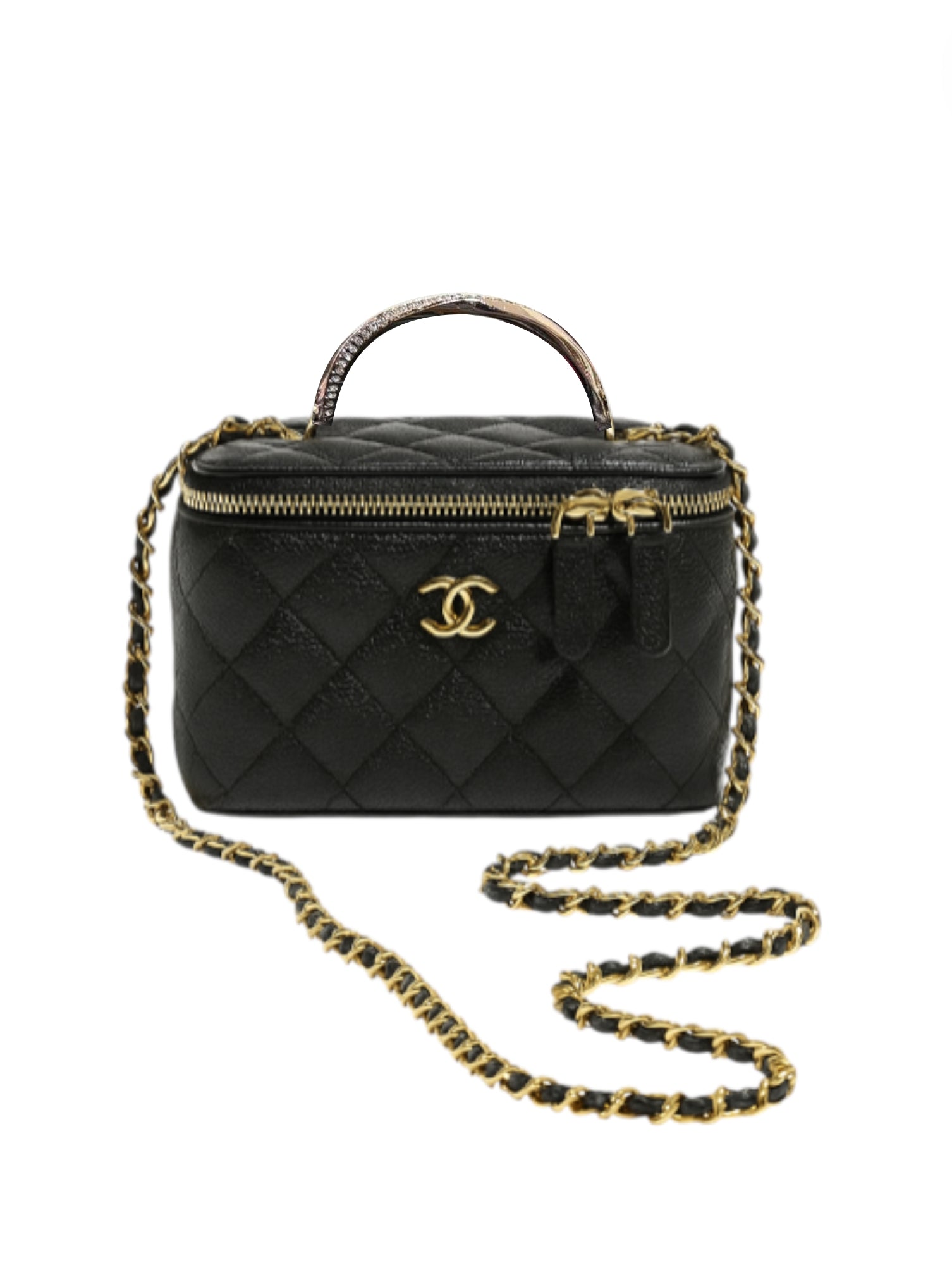 Black quilted handbag with gold chain and hardware on a white background Monza outlet, monza fashion, shein outlet, shien outlet