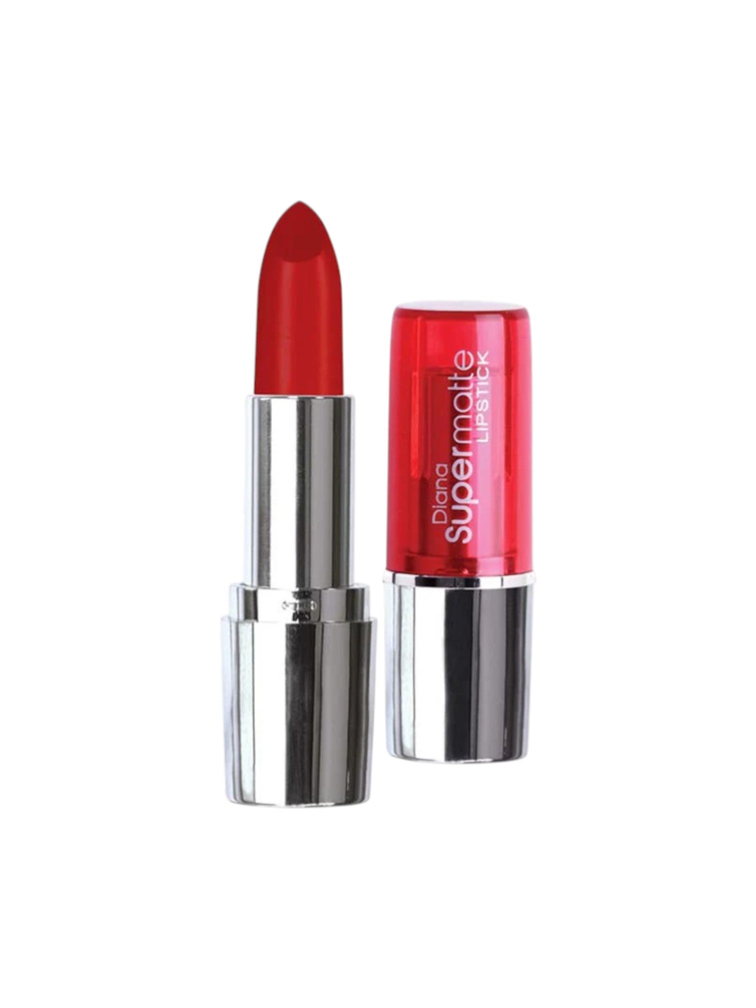 Red lipstick with silver casing on a white background. Diana of London, Monza Outlet, Monza Fashion, Shein Outlet 