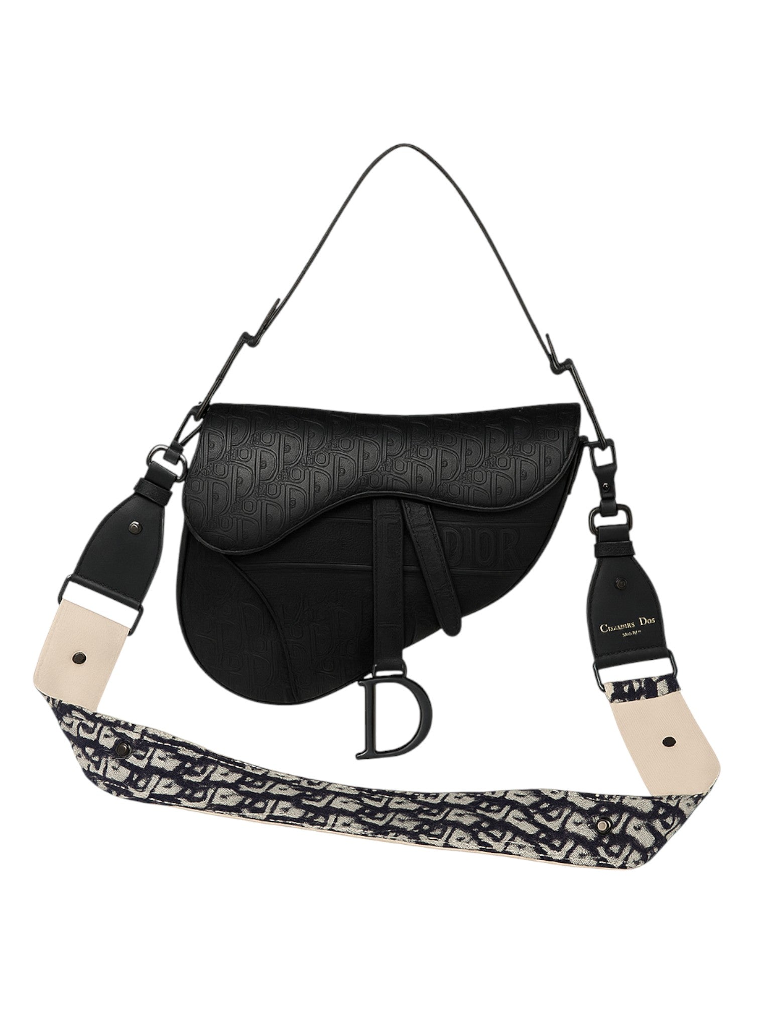 Black saddle-style handbag with a patterned strap on a white  background monza outlet, Shein outlet, monza fashion