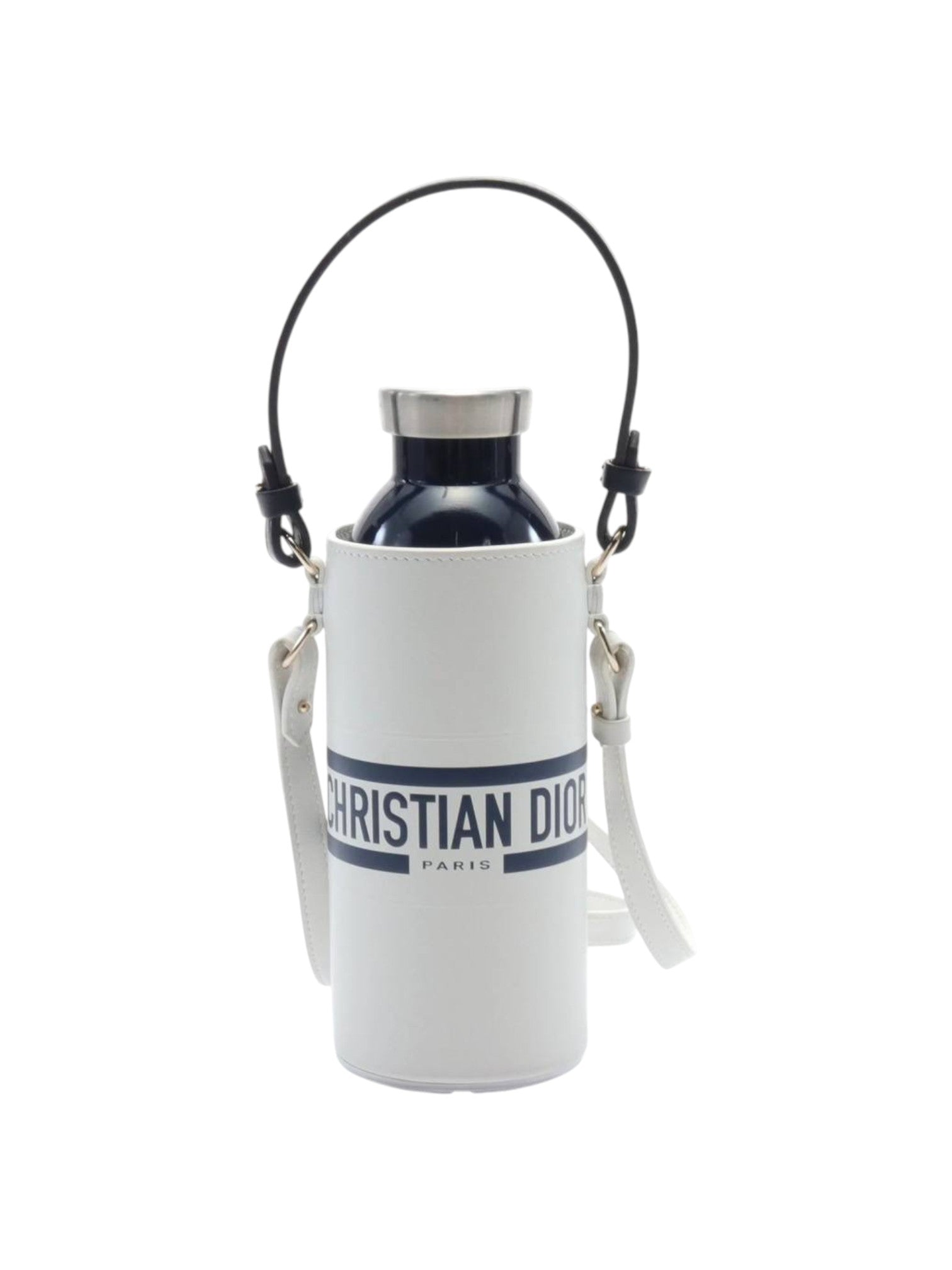 White water bottle holder with black strap featuring Christian Dior branding on a white background. Dior, Monza Outlet, Monza Fashion, Shein Outlet