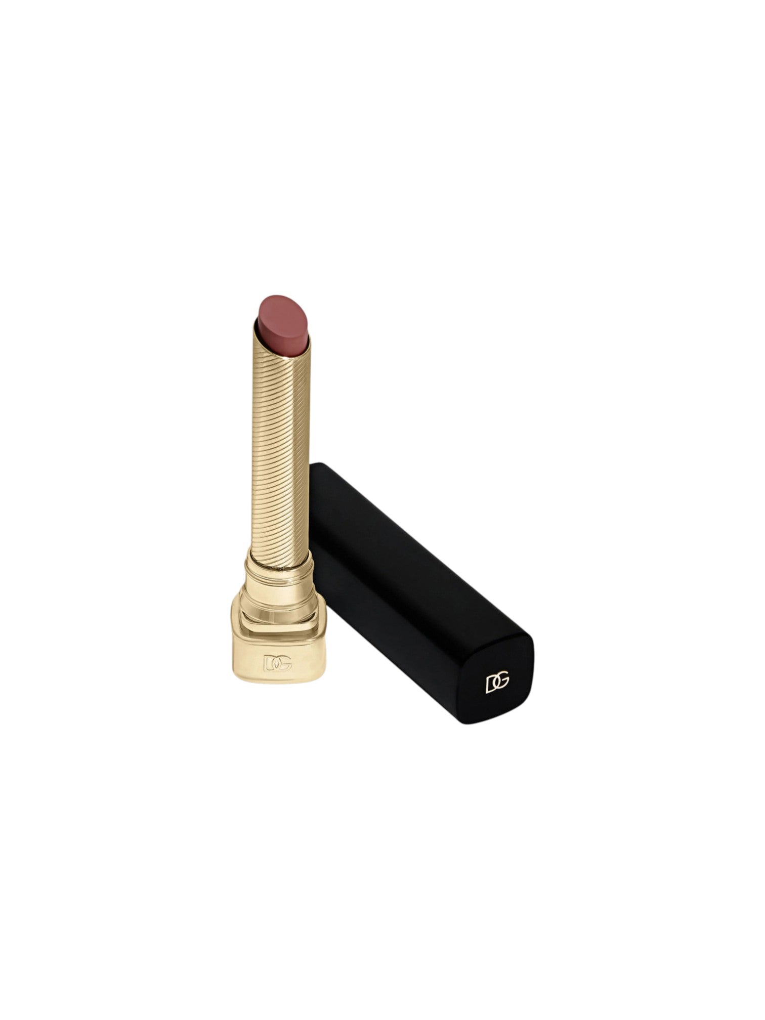 A gold-capped lipstick with a dusty rose bullet, shown next to its black cap on a plain white background. Dolce and Gabanna, Monza Outlet, Monza Fashion, Shein Outlet