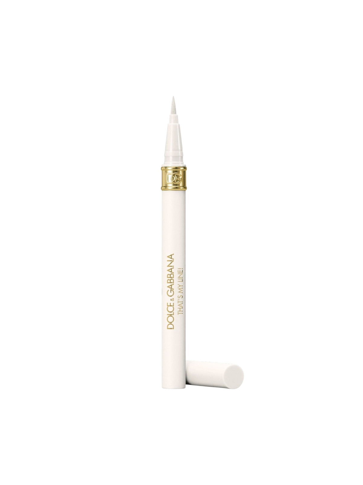 Dolce Gabbana The Eyeliner in White, featuring a slim white barrel with gold lettering and a gold accent ring, shown with its cap off lying horizontally below on a solid white background. Dolce & Gabbana, Monza Outlet, Monza Fashion, Shein Outlet