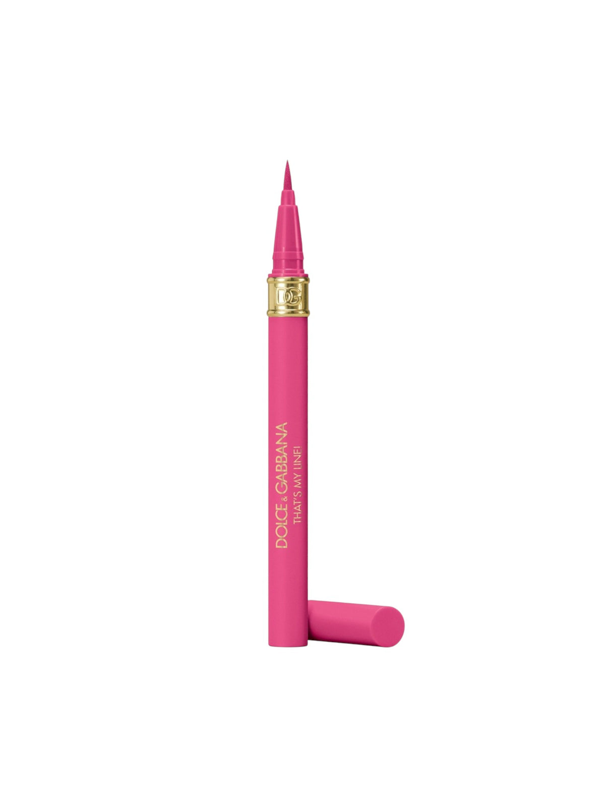 Dior Addict Eyeliner in a vibrant pink color with gold lettering and a gold accent ring, shown with its cap off on a solid white background. Dolce & Gabbana, Monza Outlet, Monza Fashion, Shein Outlet