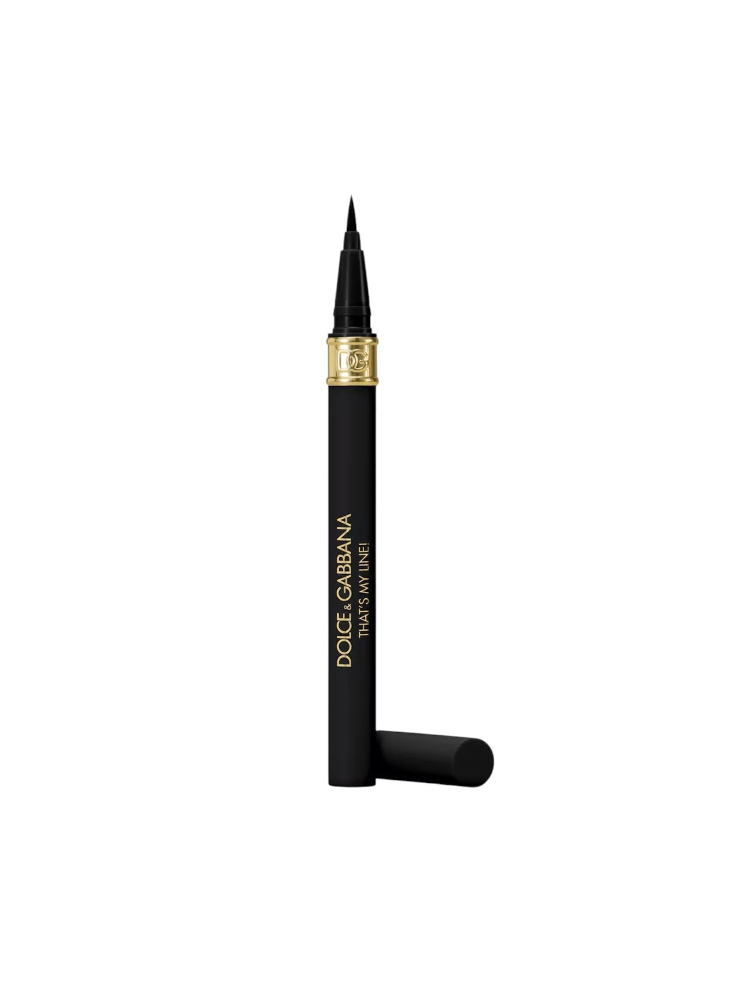 Dolce Galleria Waterline Eyeliner in black with gold lettering and a gold accent ring, shown with its cap off on a solid white background. Dolce & Gabbana, Monza Outlet, Monza Fashion, Shein Outlet