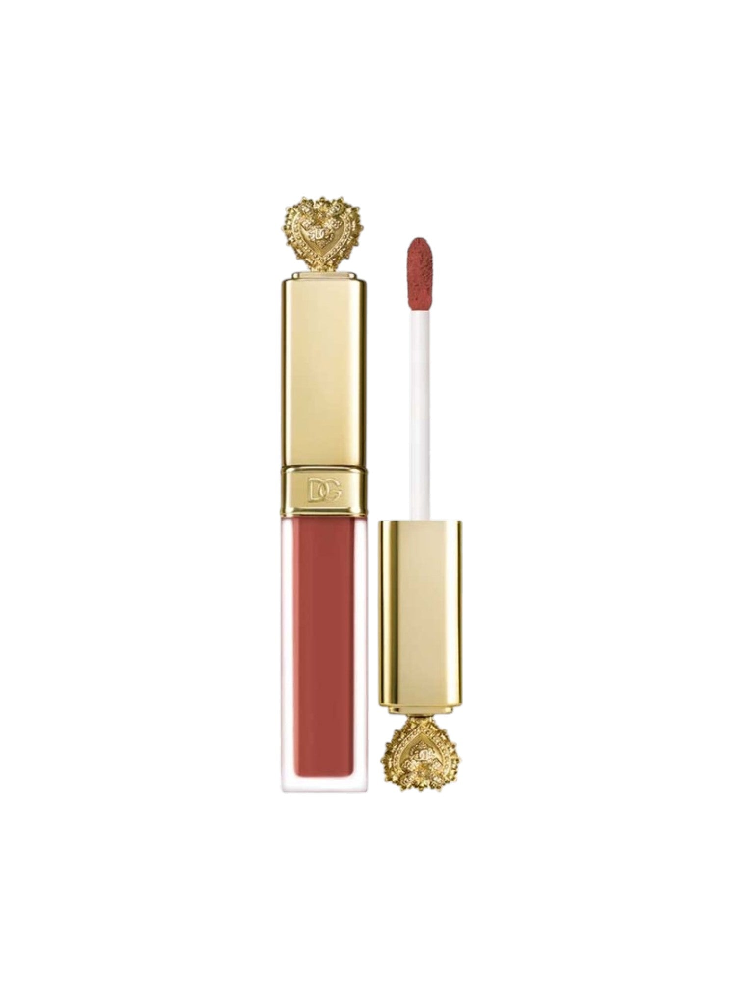A liquid lipstick in a clear rectangular tube with a gold cap and a decorative gold cap topper, shown alongside the applicator wand on a plain white background. Dolce & Gabbana, Monza Outlet, Monza Fashion, Shein Outlet