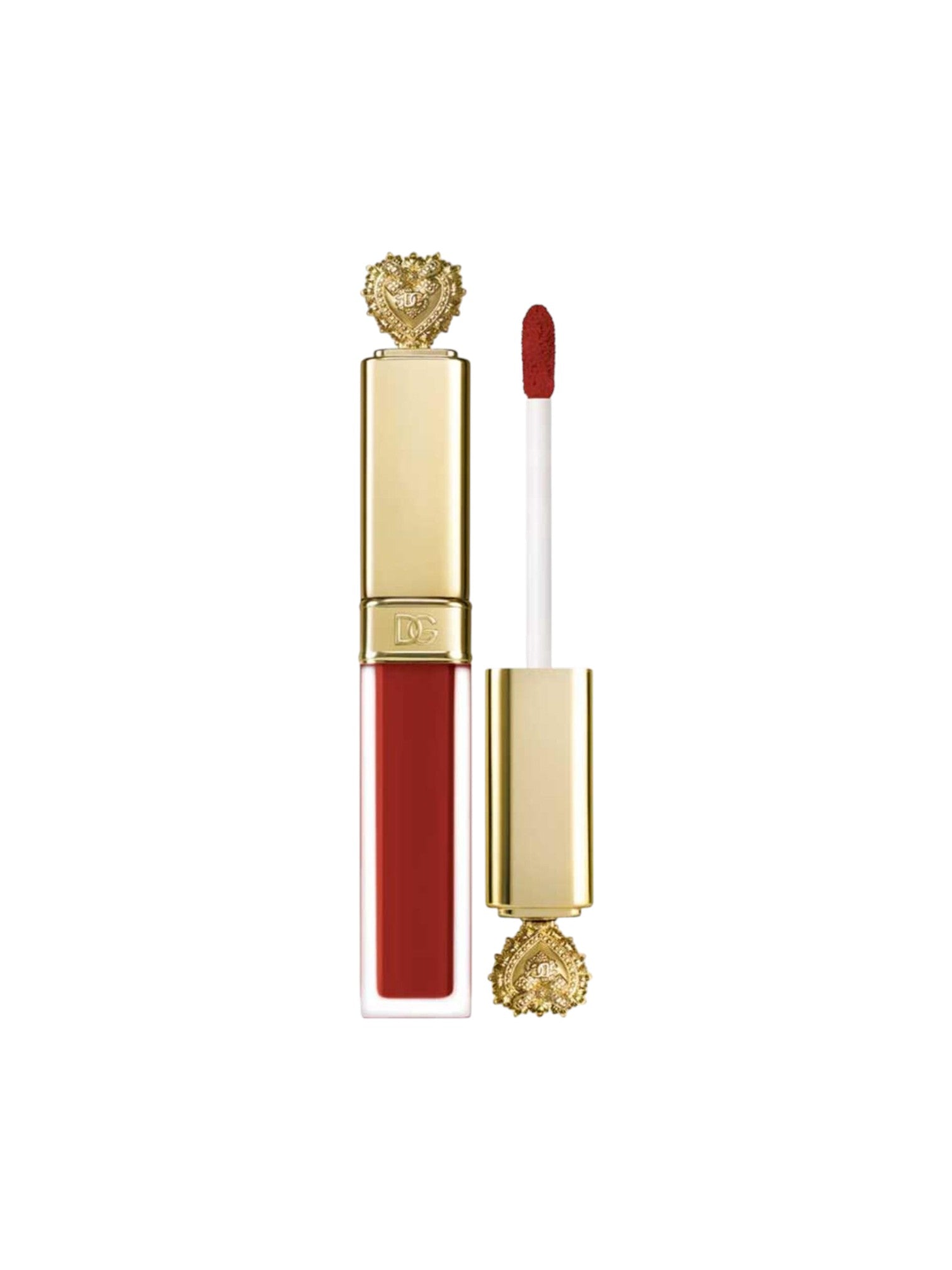 A liquid lipstick in a clear rectangular tube with a gold cap and a heart shaped crystal embellishment, shown alongside its applicator wand on a plain white background. Dolce & Gabbana, Monza Outlet, Monza Fashion, Shein Outlet