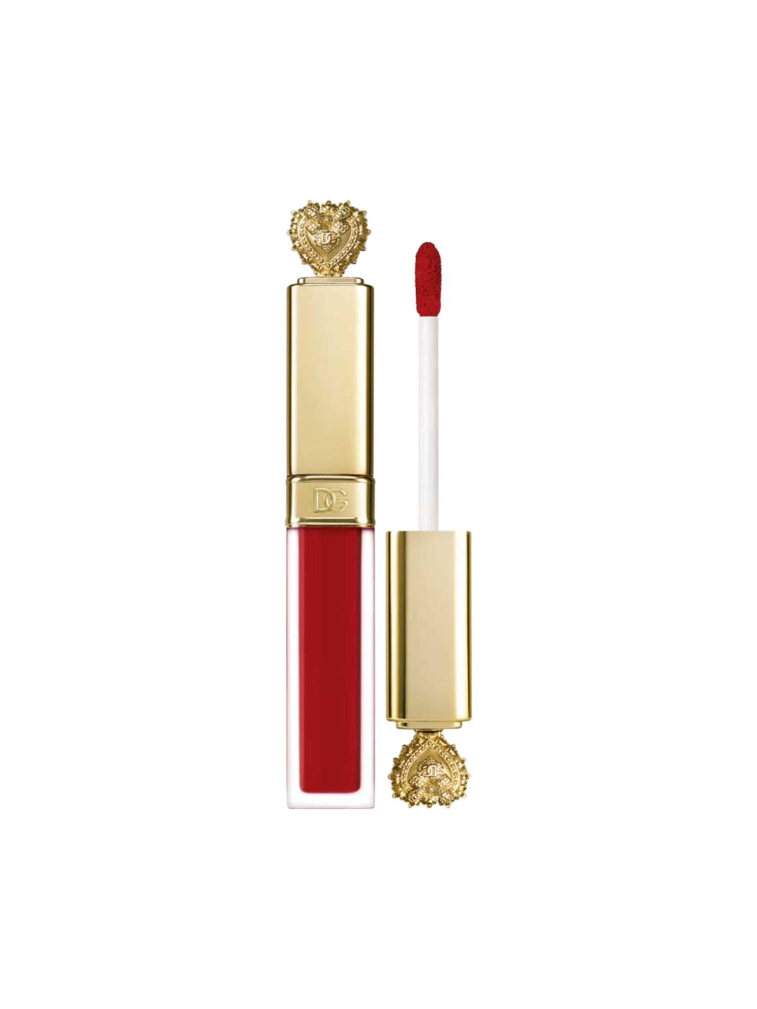 A liquid lipstick in a clear rectangular tube filled with deep red color, shown alongside its gold cap and applicator wand on a plain white background. Dolce & Gabbana, Monza Outlet, Monza Fashion, Shein Outlet