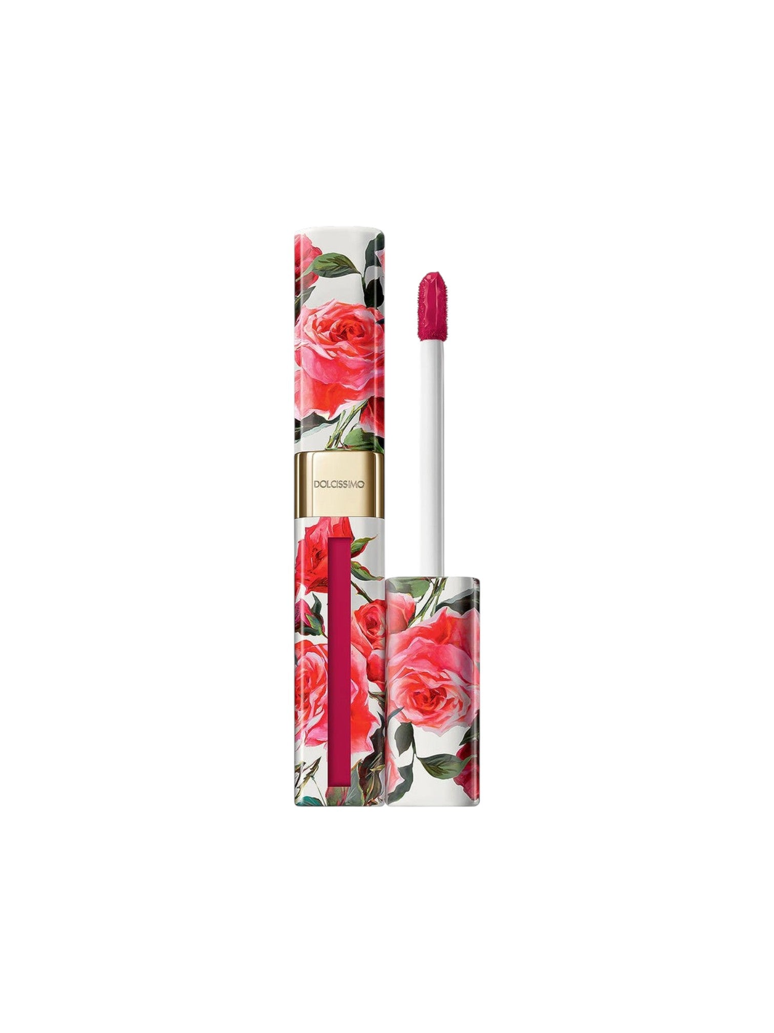 A tube of lipstick with a floral rose pattern, shown with the cap removed and the applicator wand standing beside it on a plain white background. Dolce & Gabbana, Monza Outlet, Monza Fashion, Shein Outlet