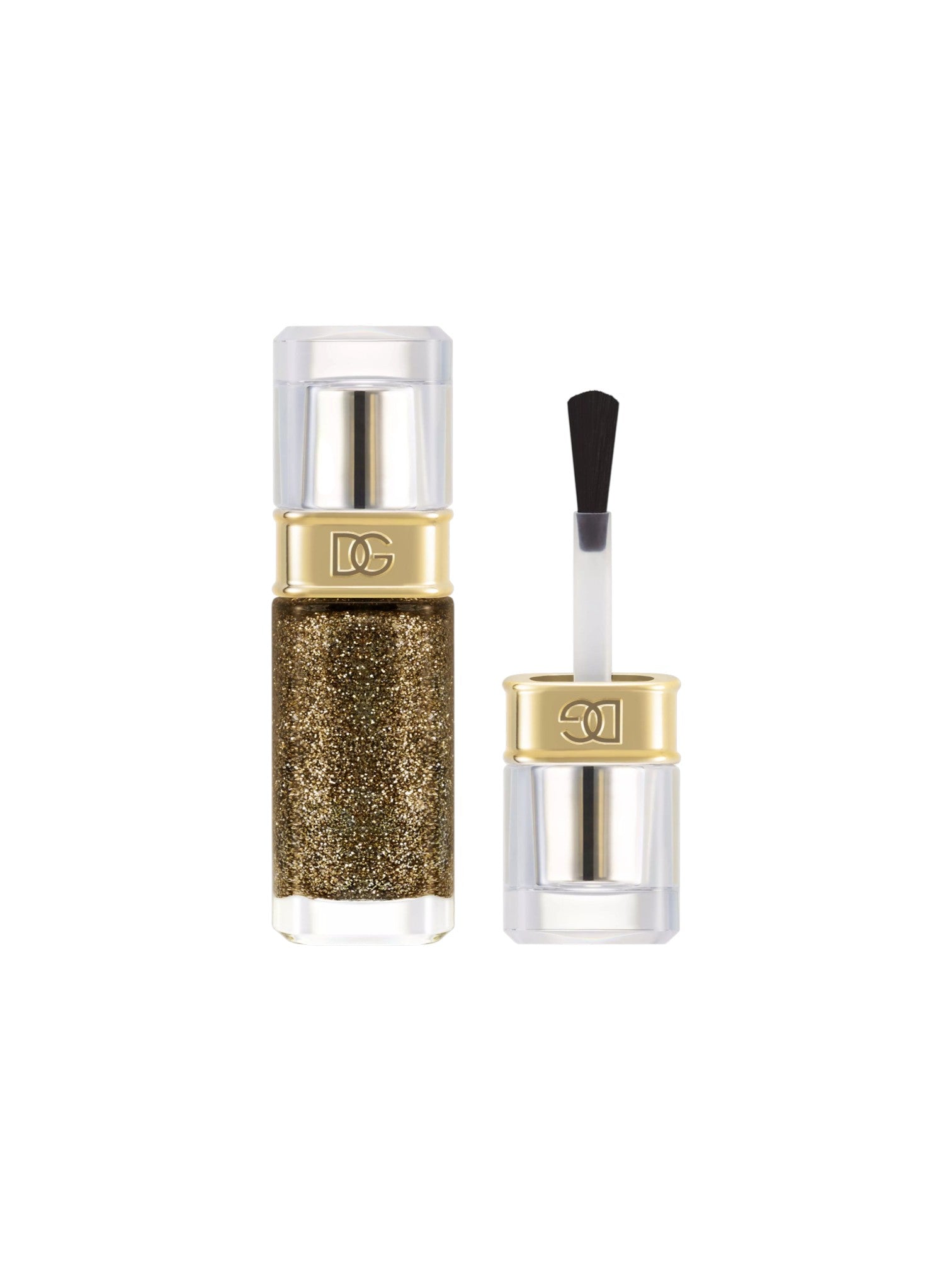 A bottle of gold glitter nail polish with its cap removed, showing the applicator brush. The bottle has a clear cap and base with a gold band featuring a monogram logo, set against a plain white background. Dolce and Gabanna, Monza Outlet, Monza Fashion, Shein Outlet