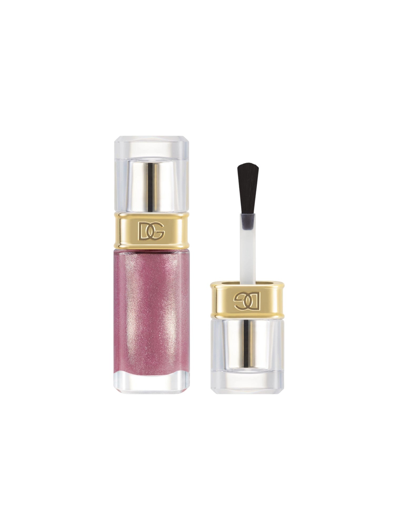 DG Cosmetics liquid lip gloss in a shimmering dusty rose pink shade, shown in a clear tube with a gold band and logo, alongside its applicator brush on a white background. Dolce and Gabanna, Monza Outlet, Monza Fashion, Shein Outlet