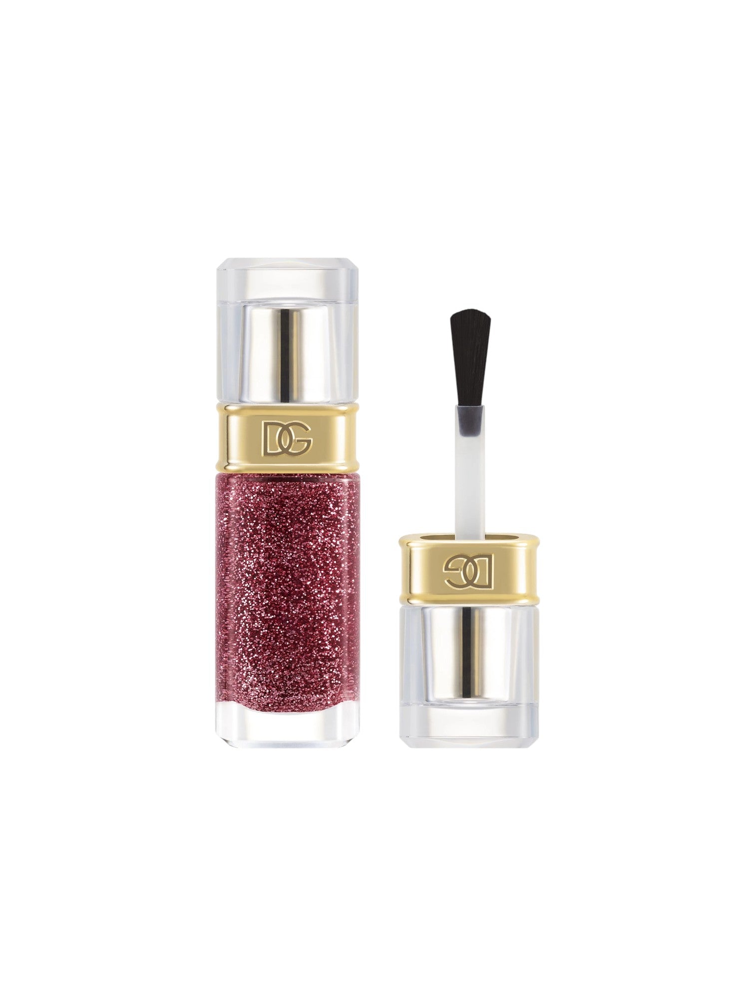 A clear cosmetic bottle filled with sparkling deep pink glitter polish, shown next to its open cap with a clear applicator brush on a white background. The bottle features a gold band with an embossed DG logo. Dolce and Gabanna, Monza Outlet, Monza Fashion, Shein Outlet