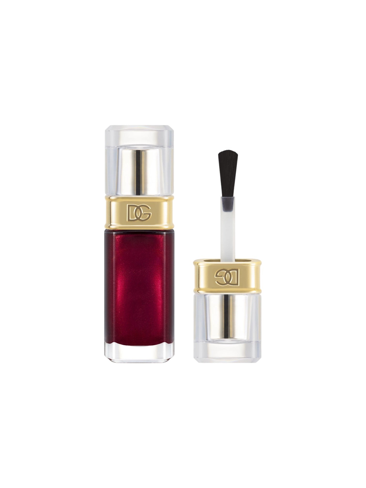DG Cosmetics liquid lipstick in a deep burgundy shade, shown with its clear cap removed and the applicator brush resting beside it on a solid white background. Dolce and Gabanna, Monza Outlet, Monza Fashion, Shein Outlet
